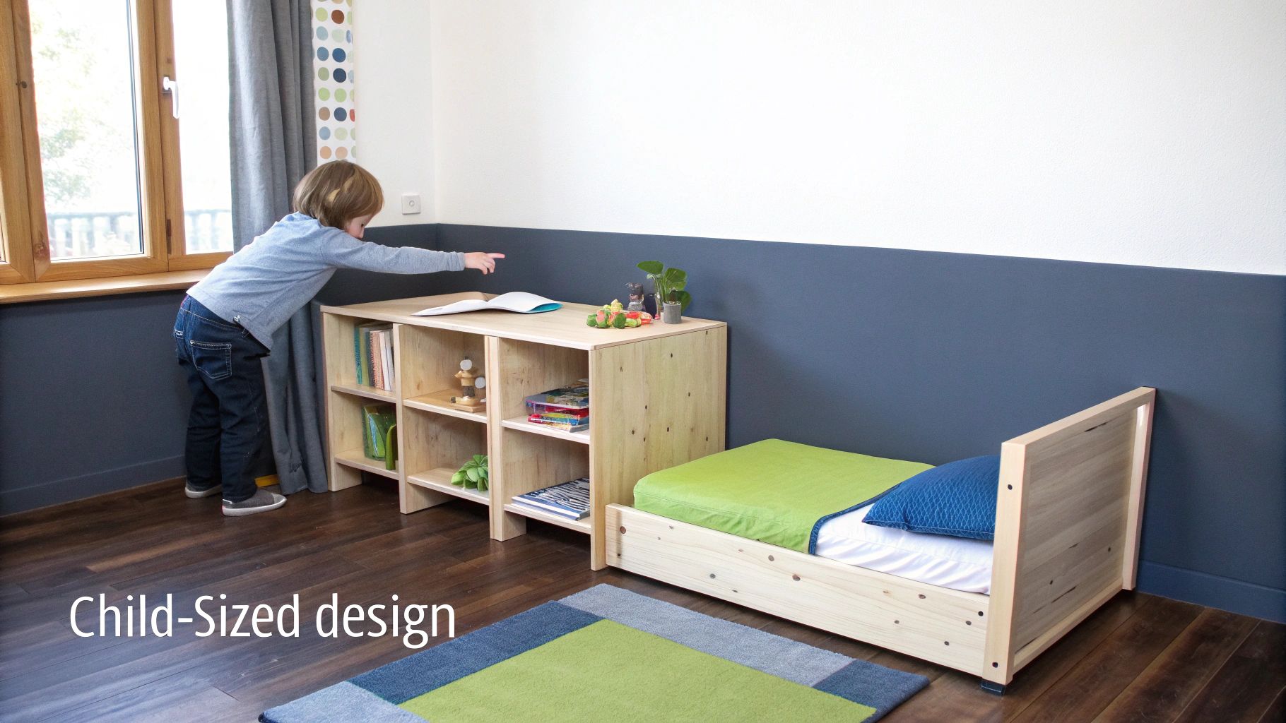 A young child points at a book on a wooden, child-sized desk next to a small bed in a bright room.