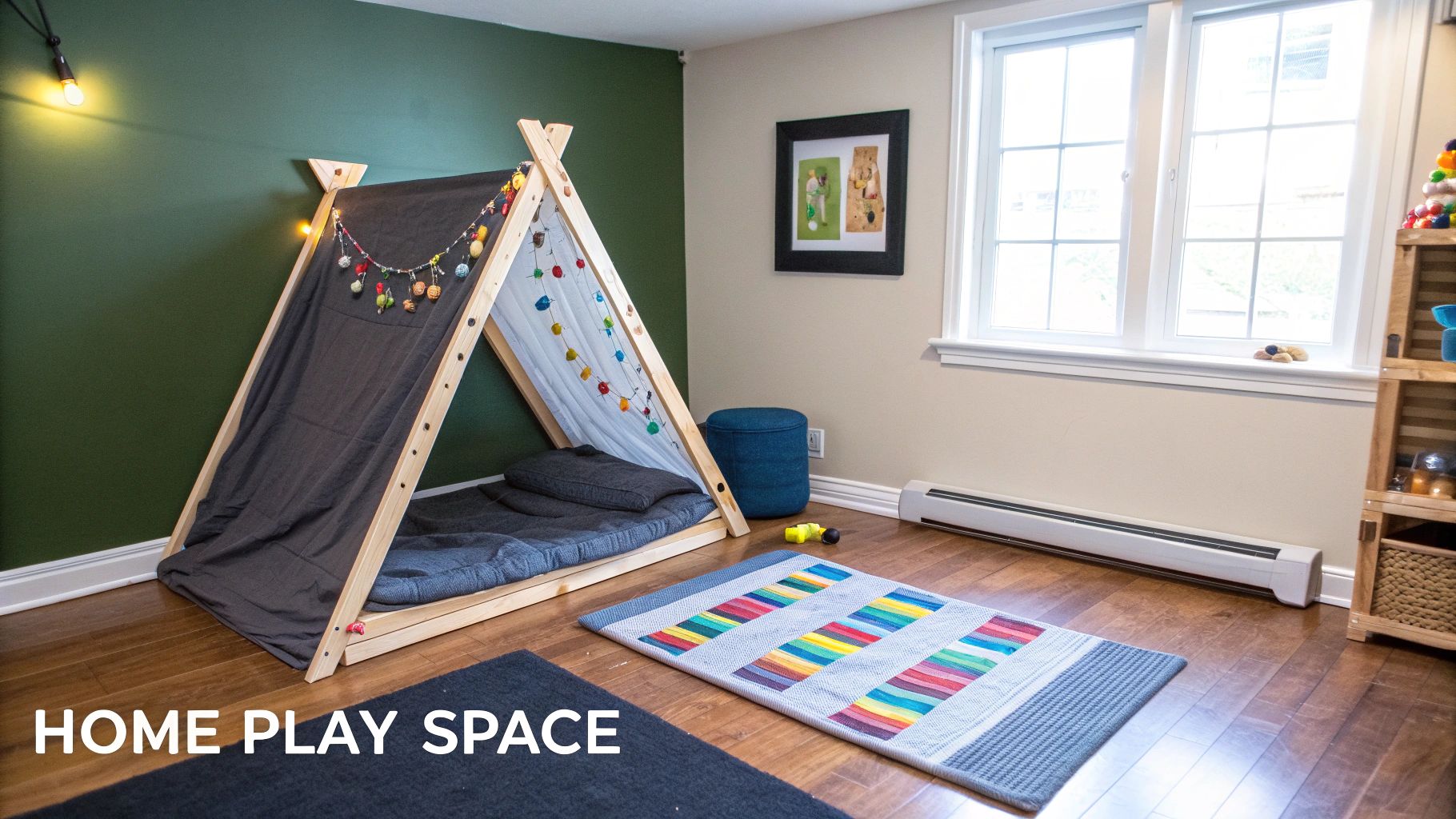 A cozy children's play space featuring a wooden tent, colorful rugs, and natural light.