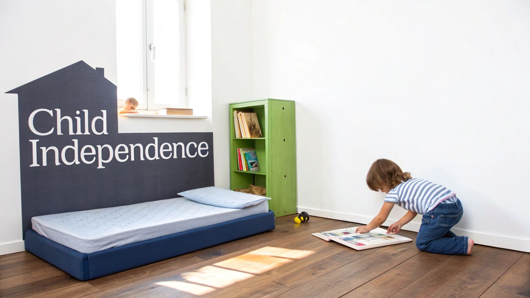A child's room features a floor bed, green bookshelf, and a toddler playing with a book.