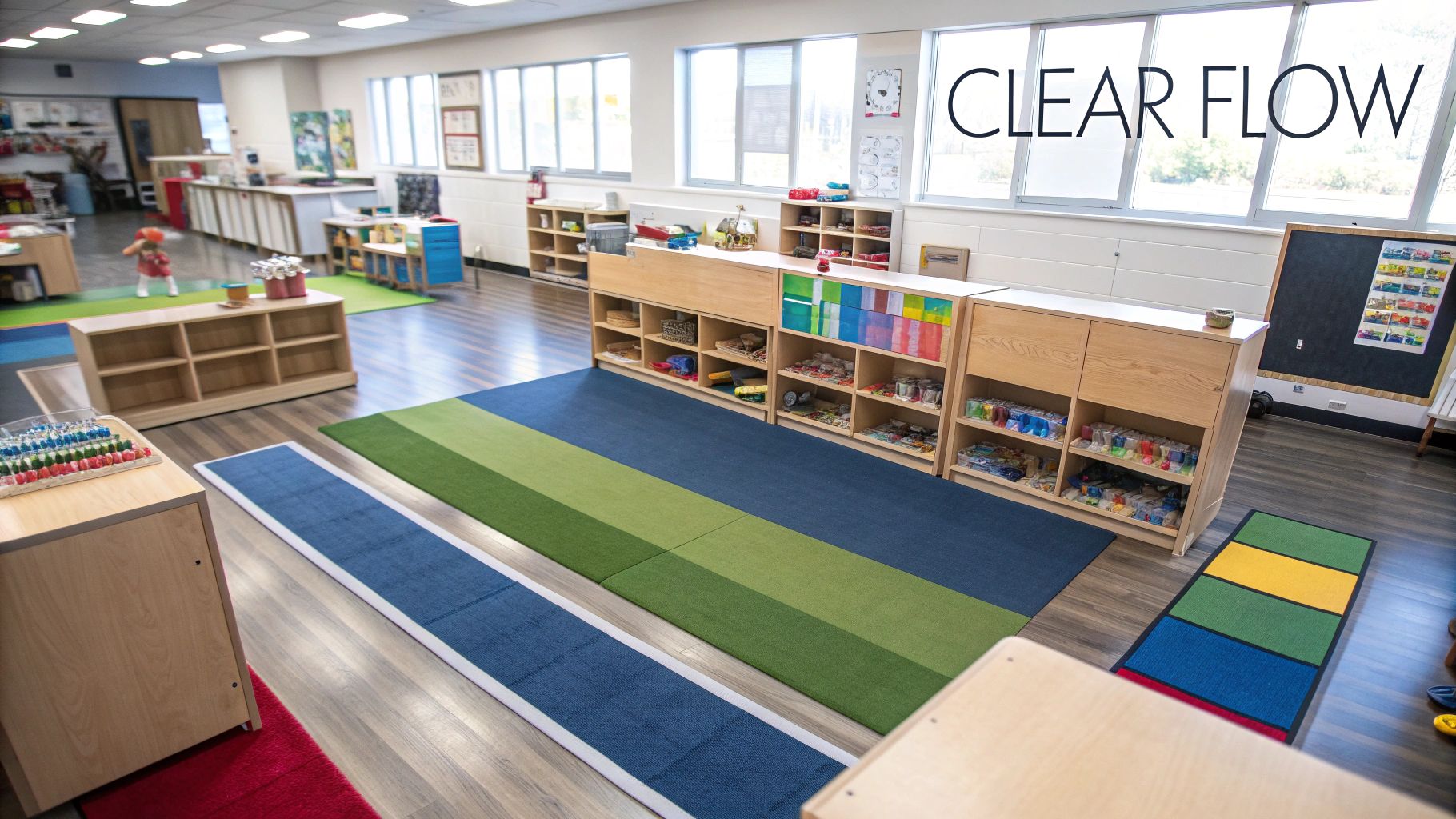 A bright, organized preschool classroom with wooden shelves, colorful rugs, and educational materials for children.