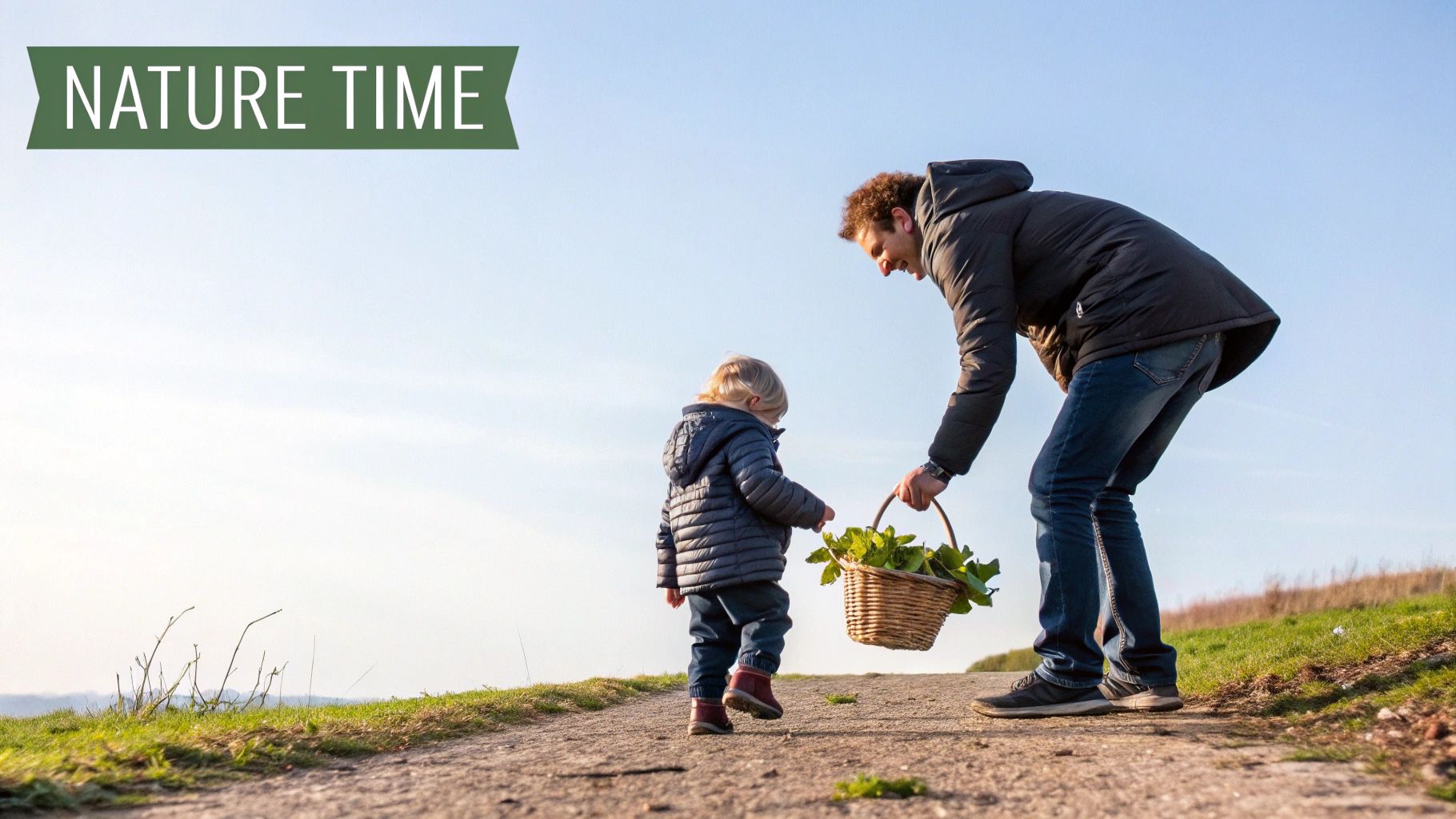 A father and child on a dirt path, collecting plants in a basket, enjoying nature time.