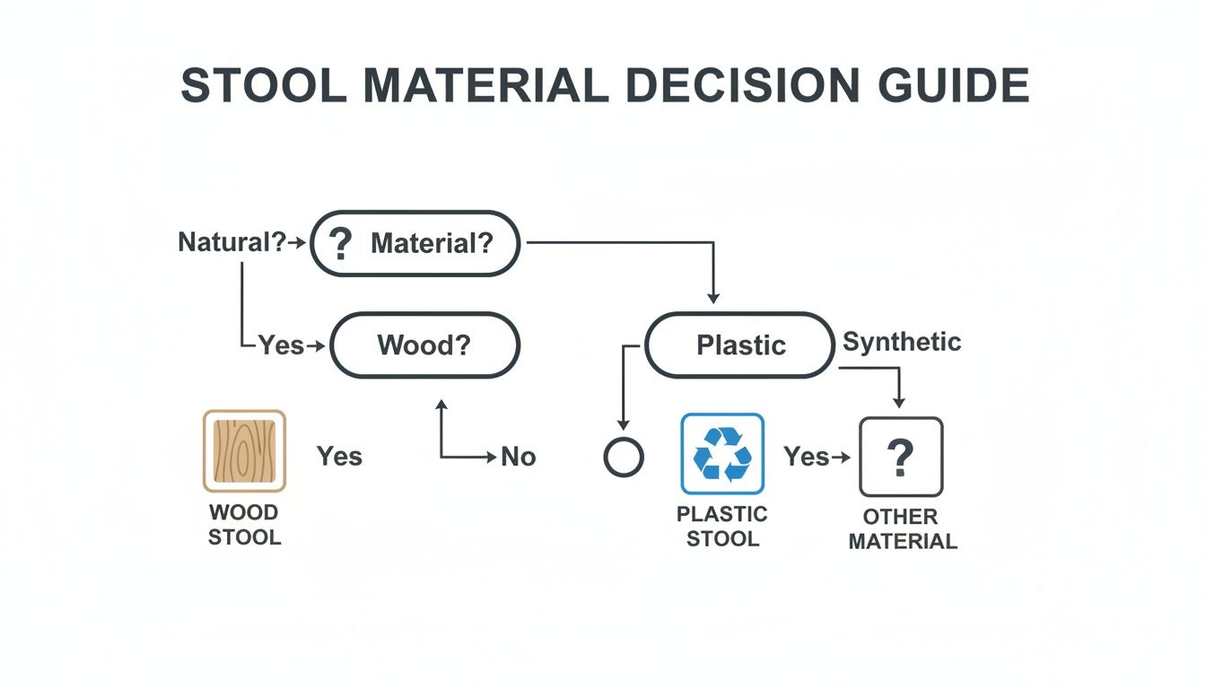 A decision guide flowchart for choosing stool material based on natural, wood, plastic, or other synthetic options.