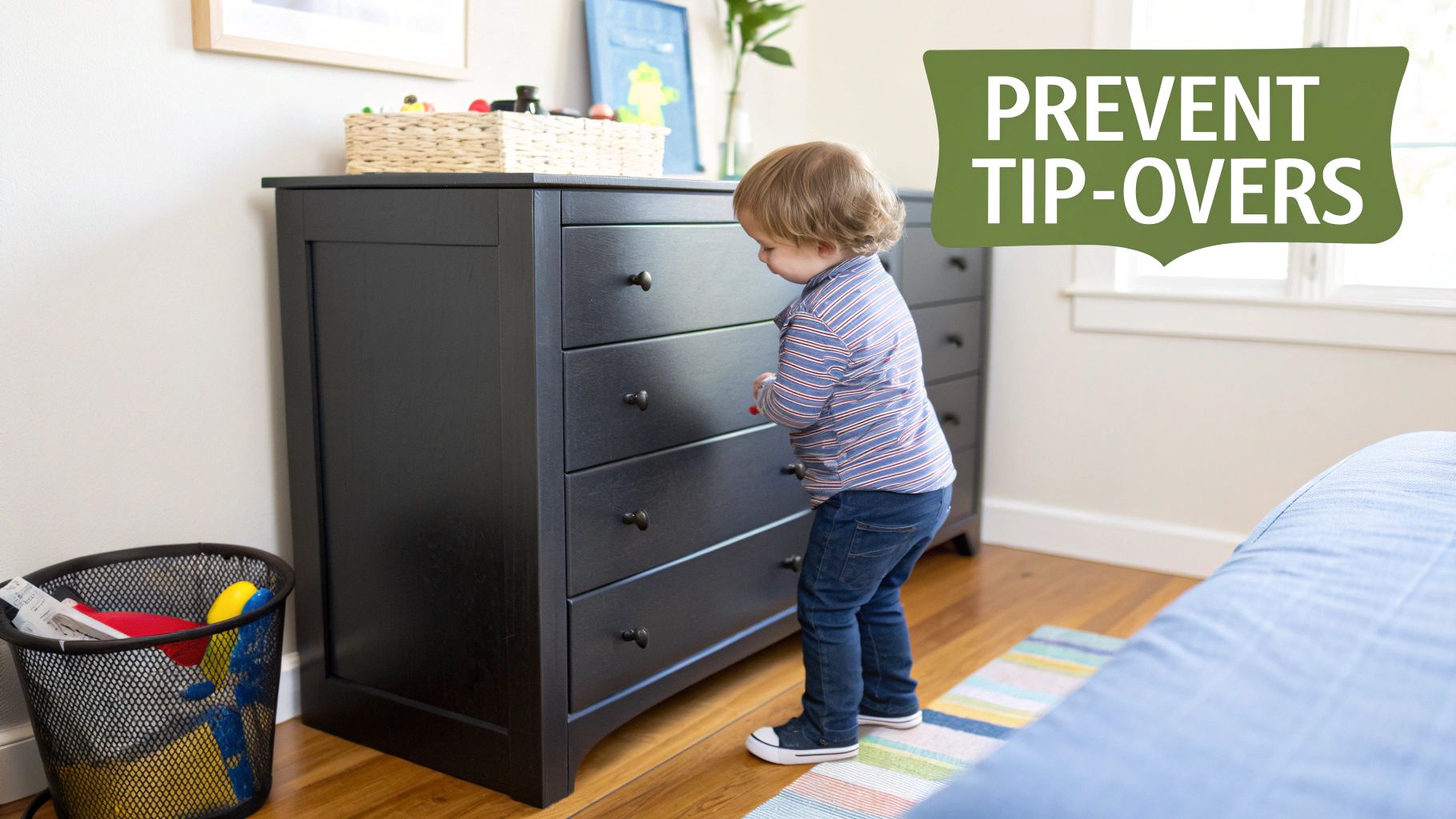 A toddler safely playing in a childproofed room with a dresser anchored to the wall.