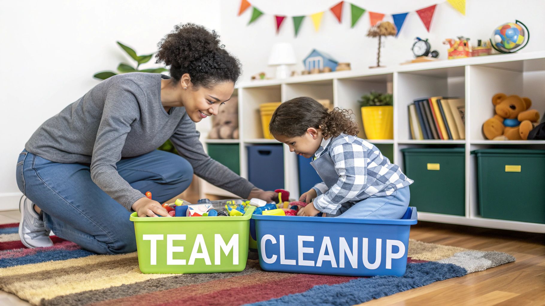 A child and a parent sorting toys into colorful bins together.