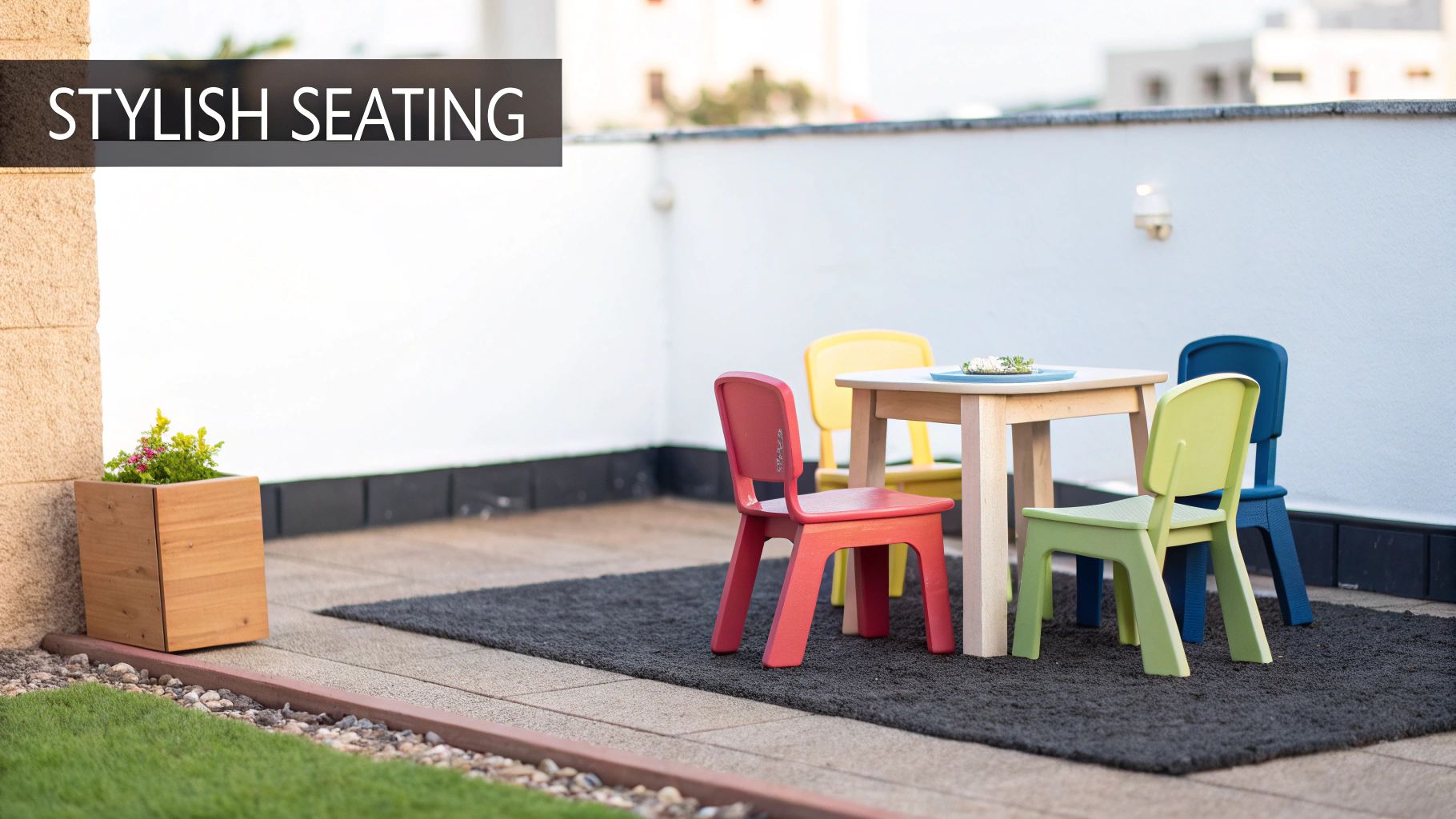 A young child helps a parent wipe down a small outdoor wooden table with a cloth.