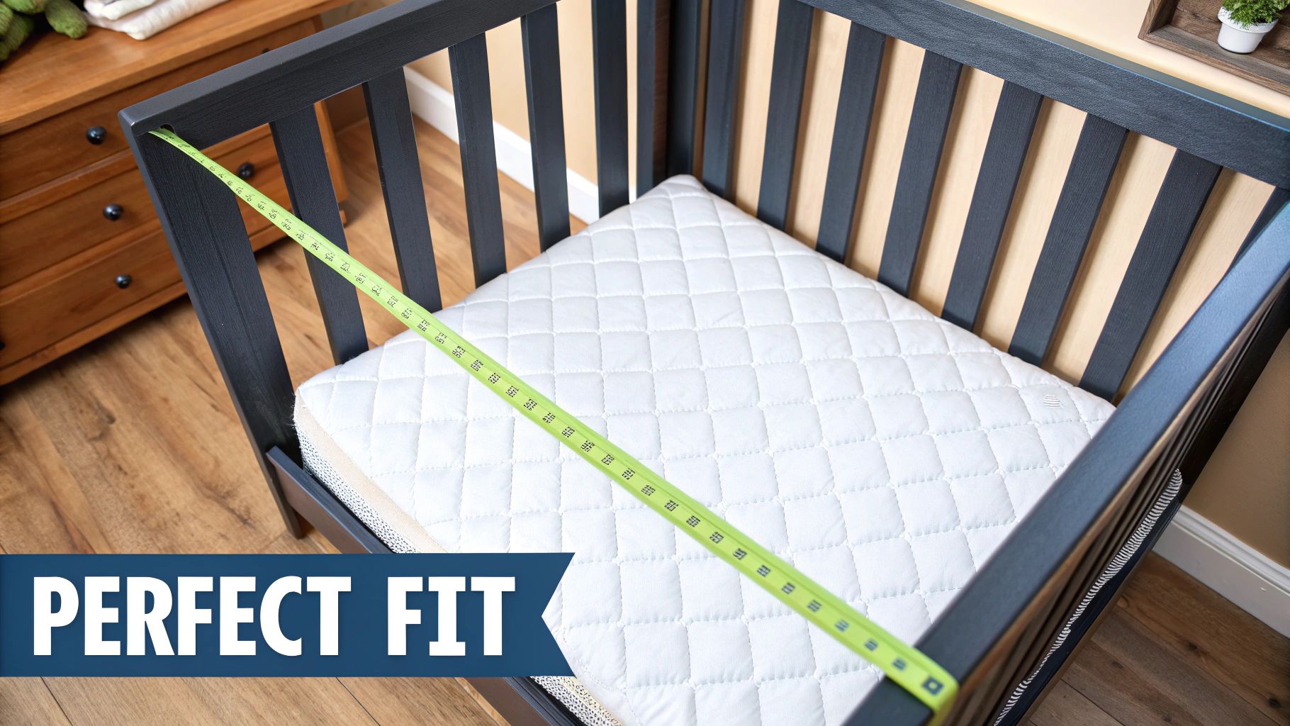 A green measuring tape spans across a white quilted mattress in a dark grey baby crib, highlighting a perfect fit.