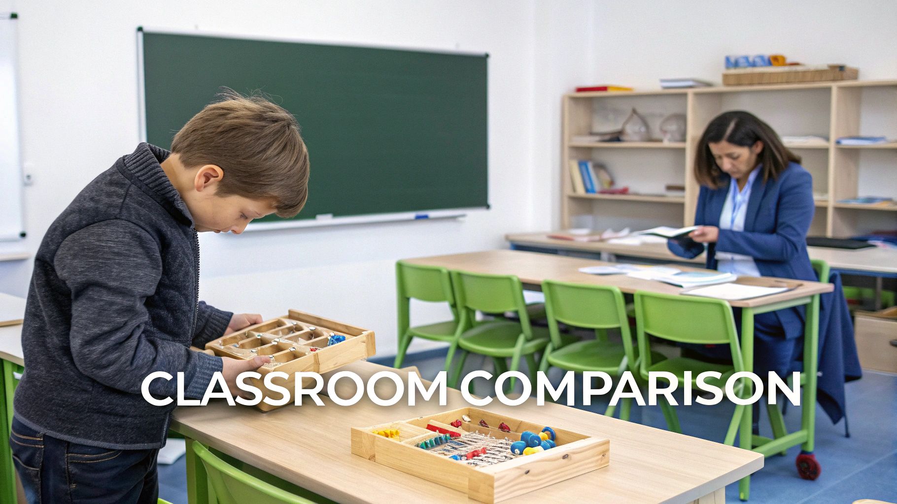 A young boy engaged with a wooden educational toy in a bright classroom, a teacher works at a desk nearby.