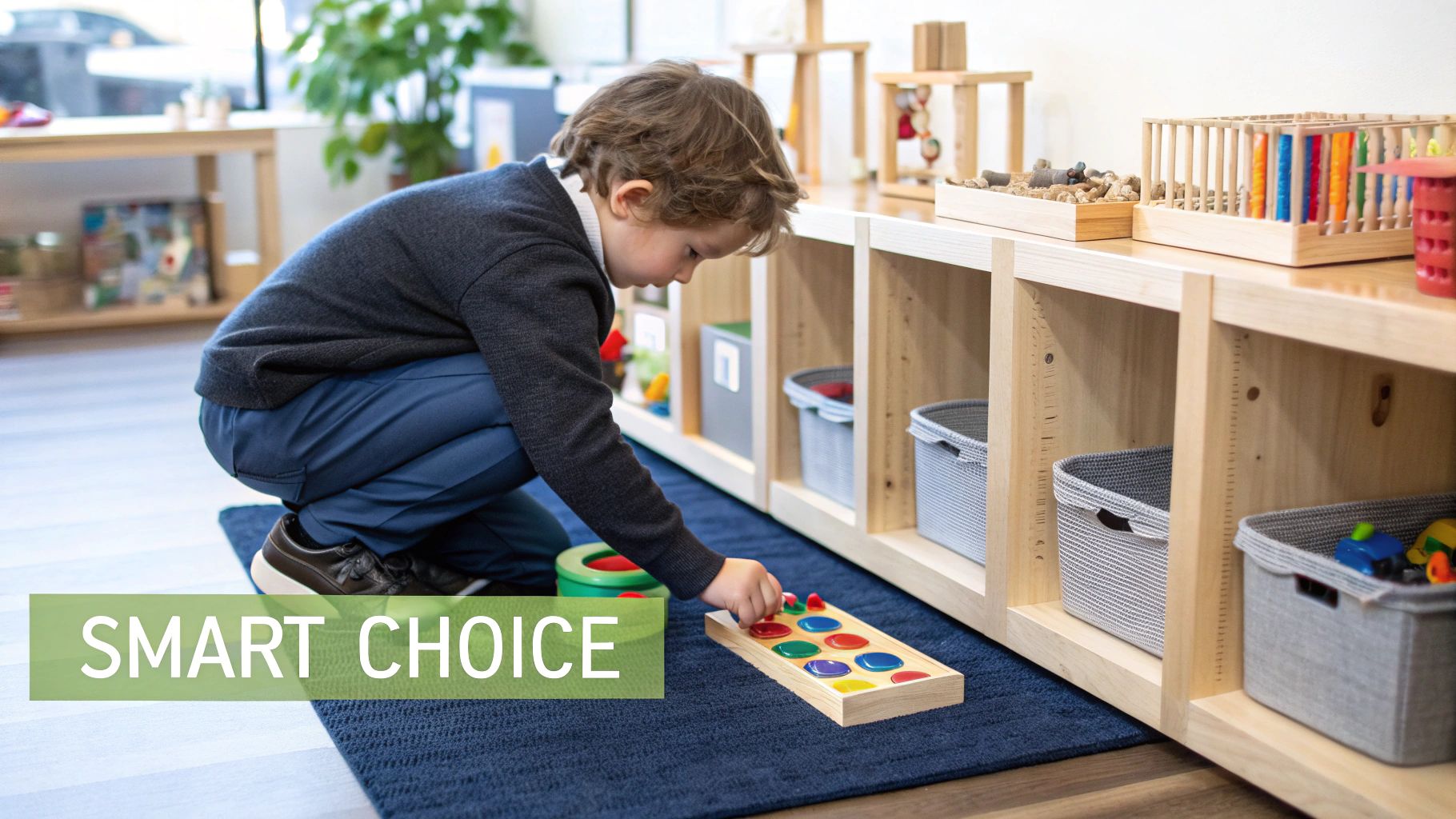 A child plays with toys from a low wooden shelf, demonstrating accessible storage.