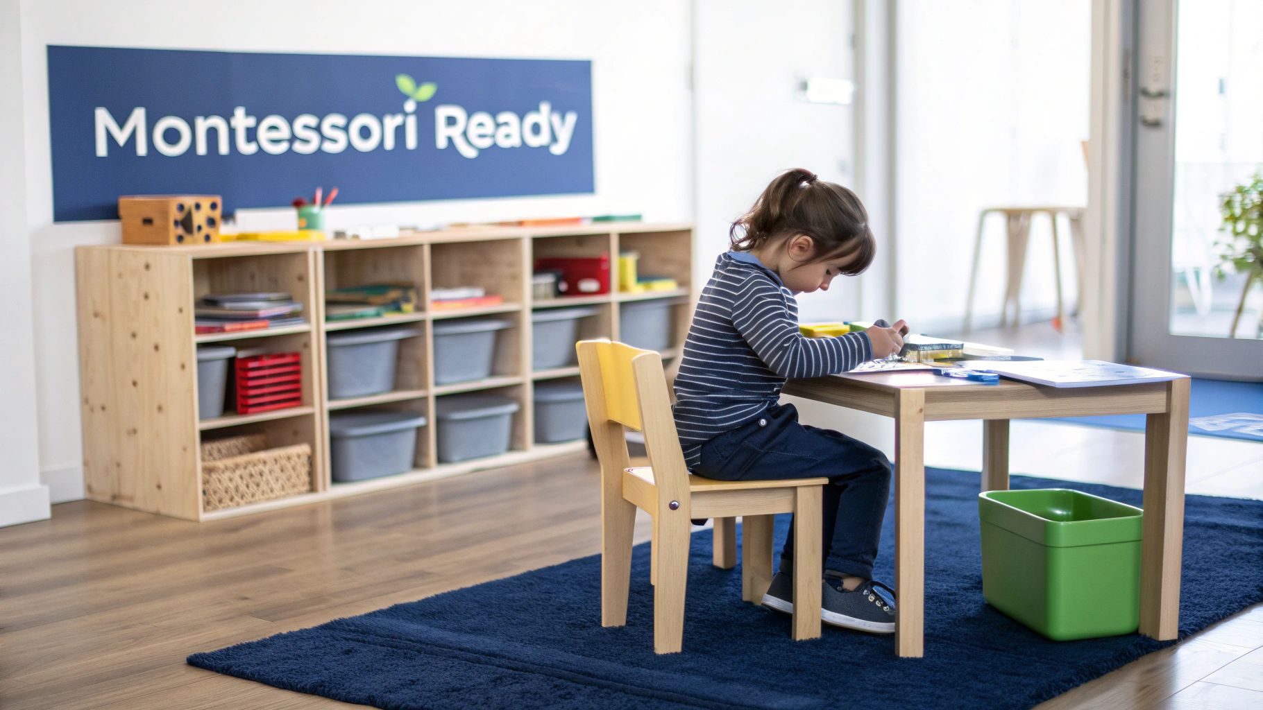 A young child sits at a small wooden table with a yellow chair, engaged in an activity in a bright classroom.