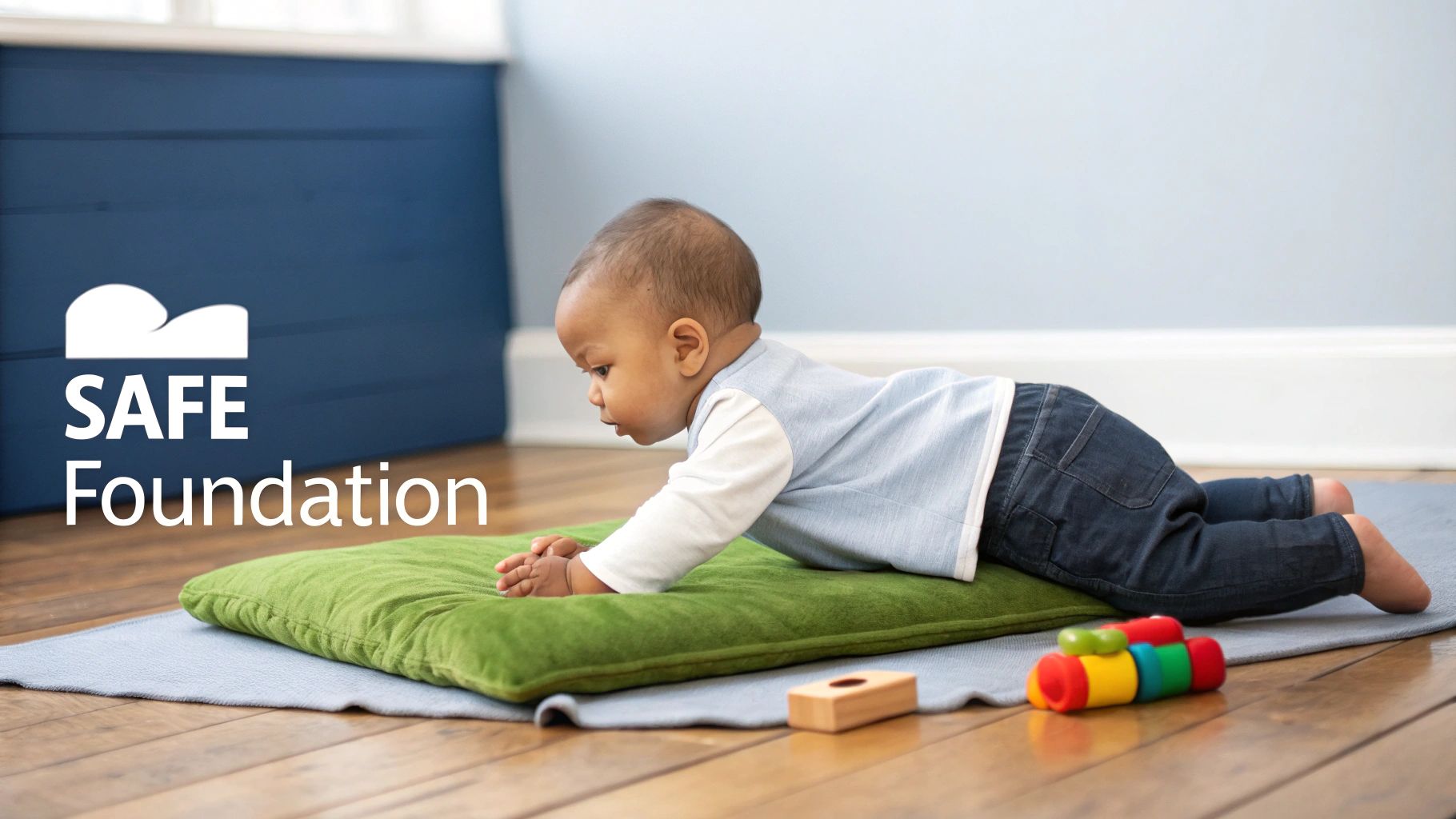 An infant practices tummy time on a green pillow and grey mat on a wooden floor, with toys nearby.