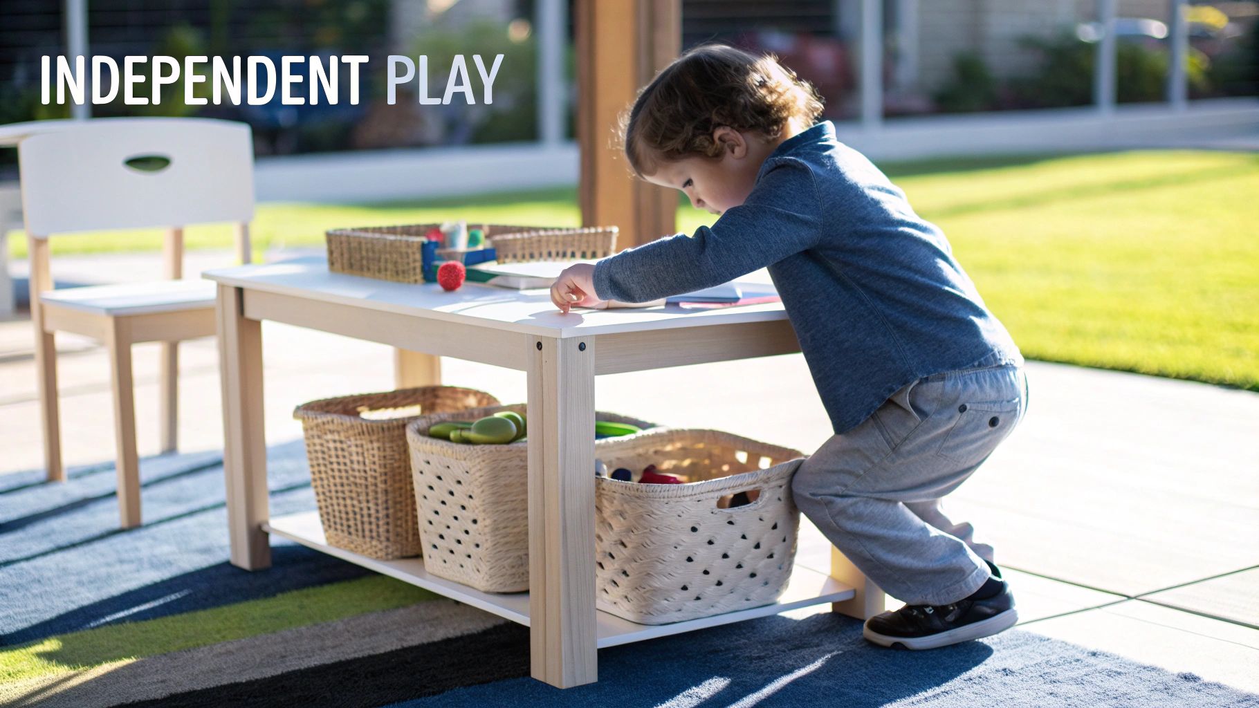 A young child plays at an outdoor arts and crafts table with woven storage baskets.