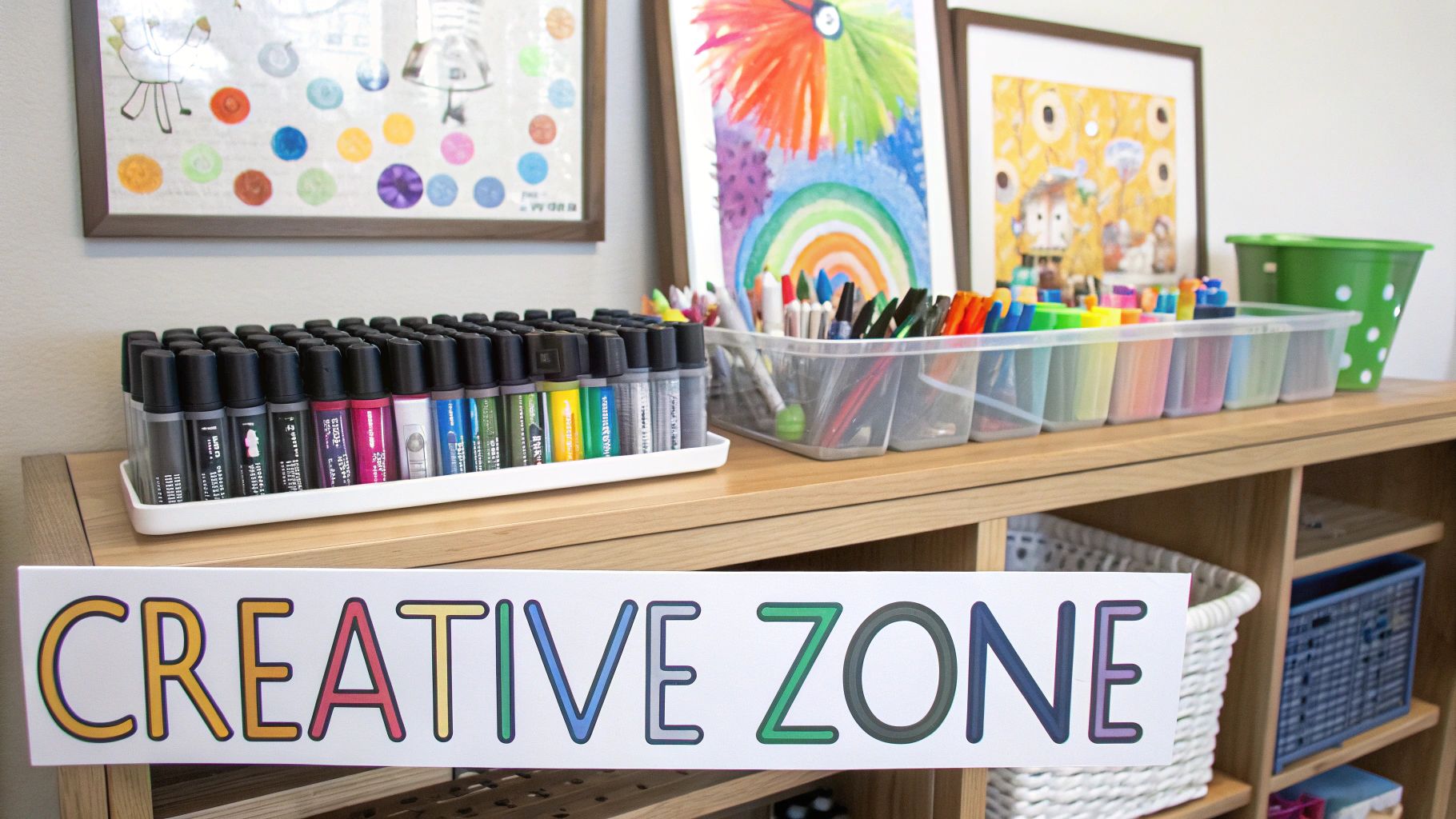 A toddler's art corner set up near a window with supplies on low shelves.