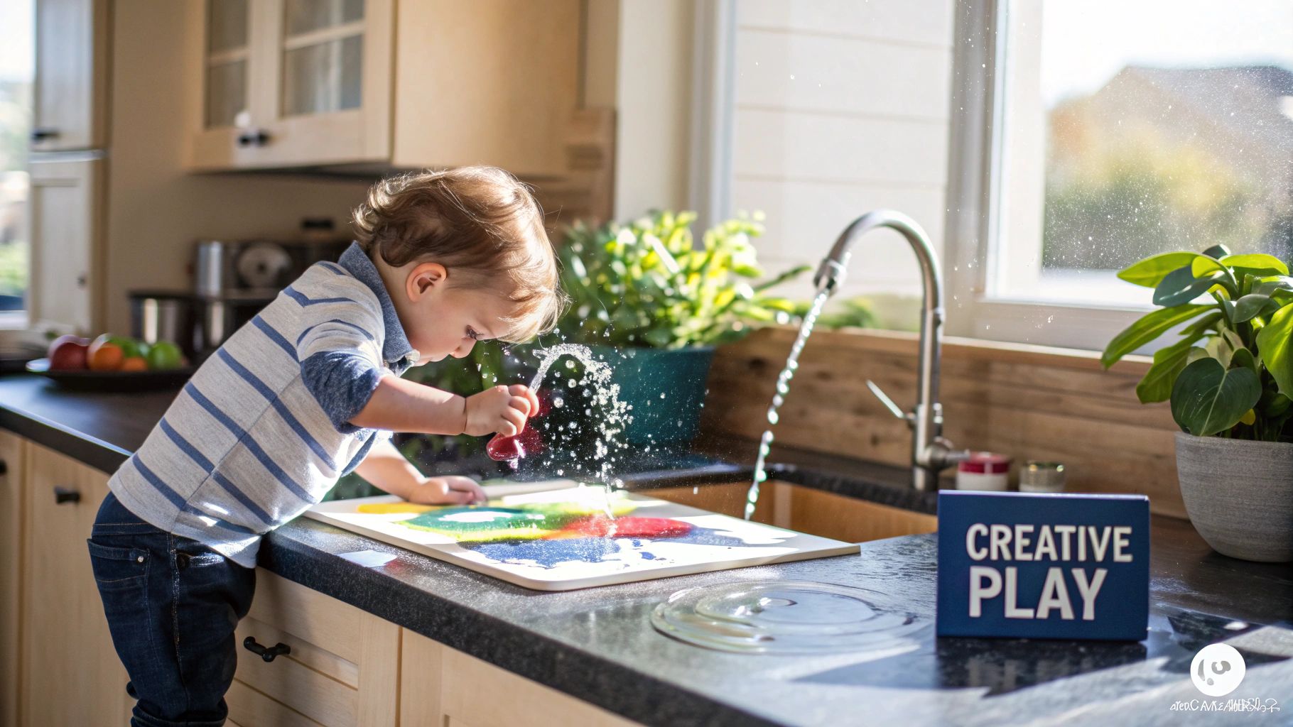 A toddler uses a learning tower at a bathroom sink to wash their hands, showing the tower's versatility beyond the kitchen.