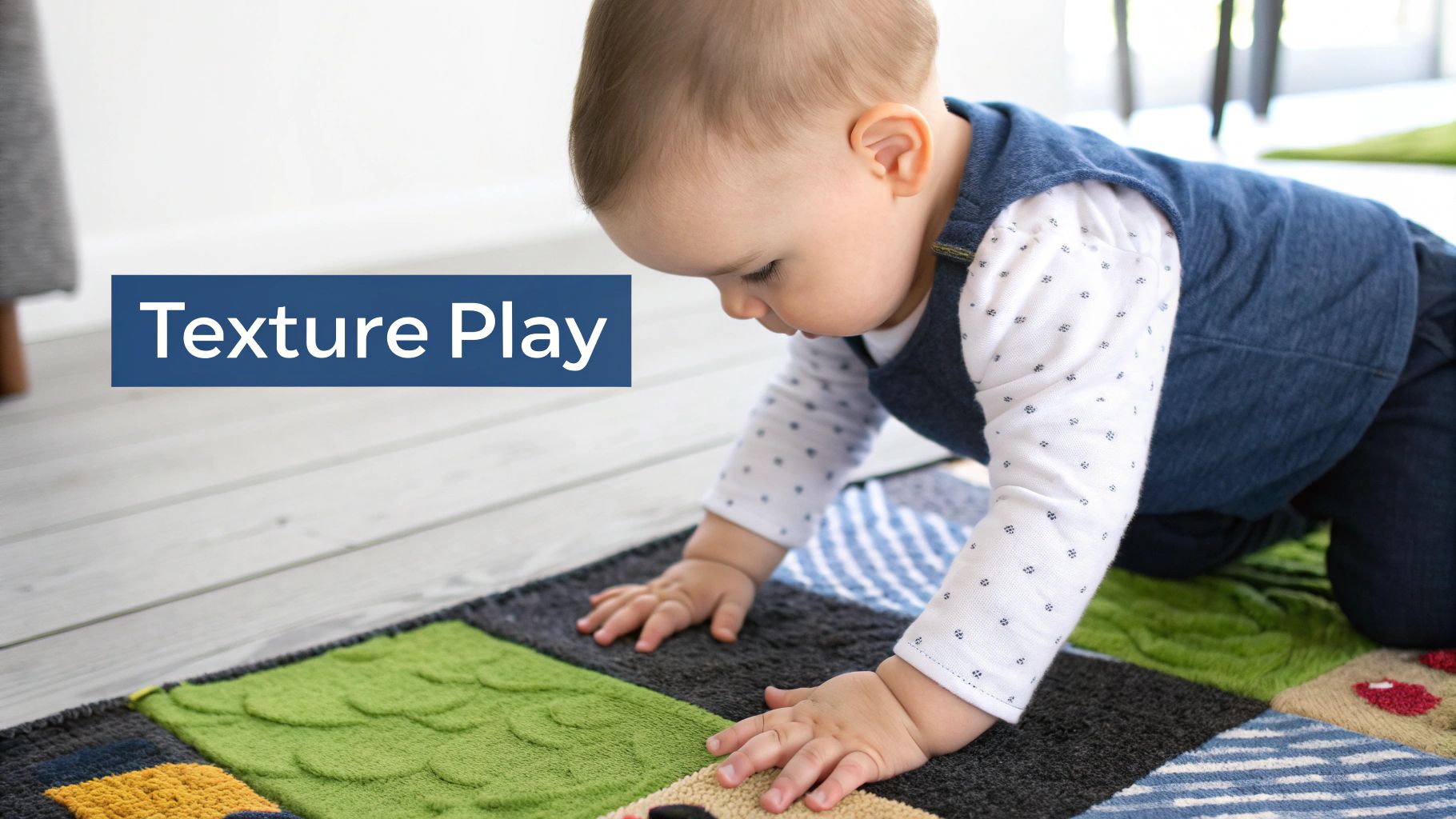 A happy baby crawls on a colorful, textured play mat, exploring different surfaces.