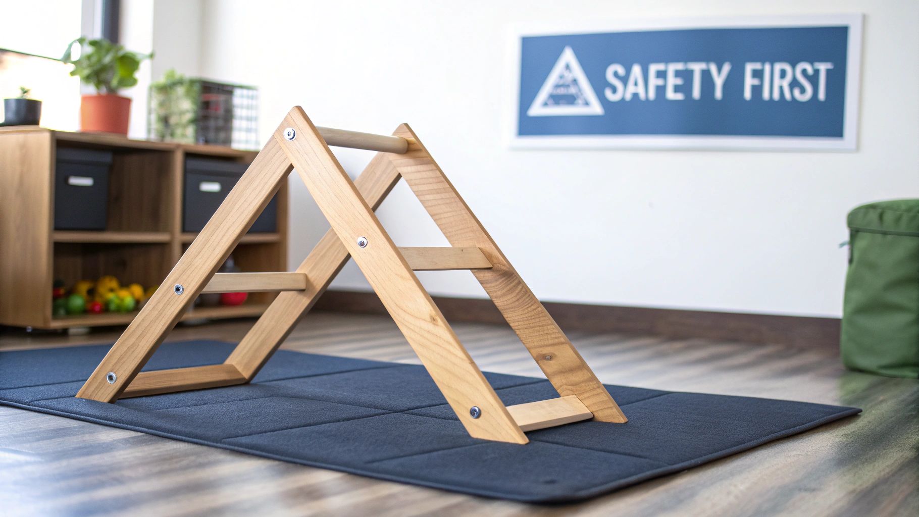 Wooden Pikler triangle on a soft mat in a bright play space with a 'Safety First' sign.