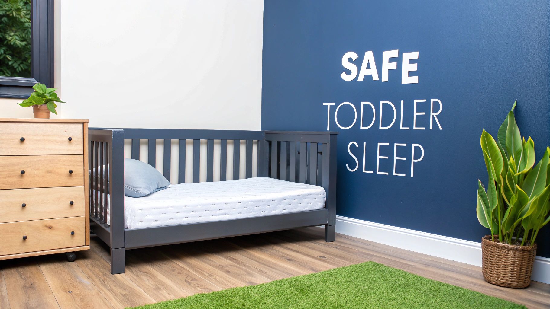 A smiling toddler sitting on a floor bed with a safe, well-fitting mattress.