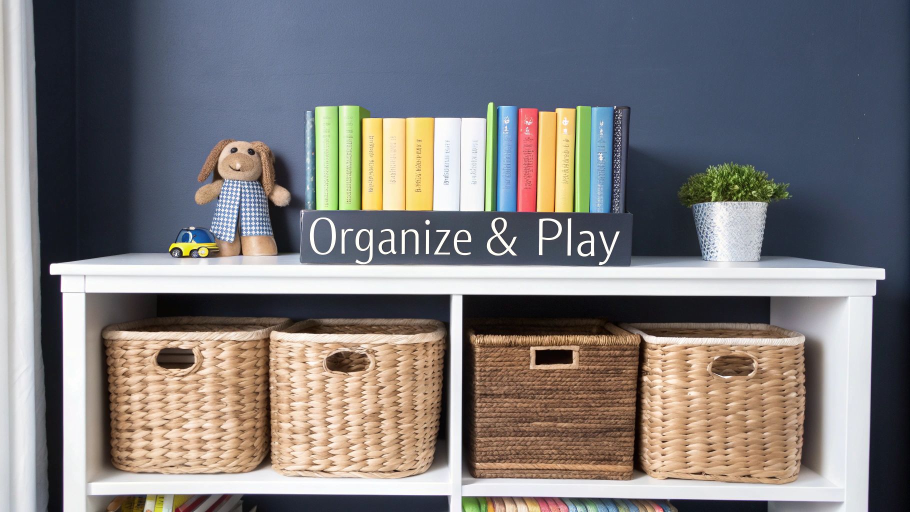A white children's bookshelf with colorful books, toys, and woven storage baskets against a blue wall.