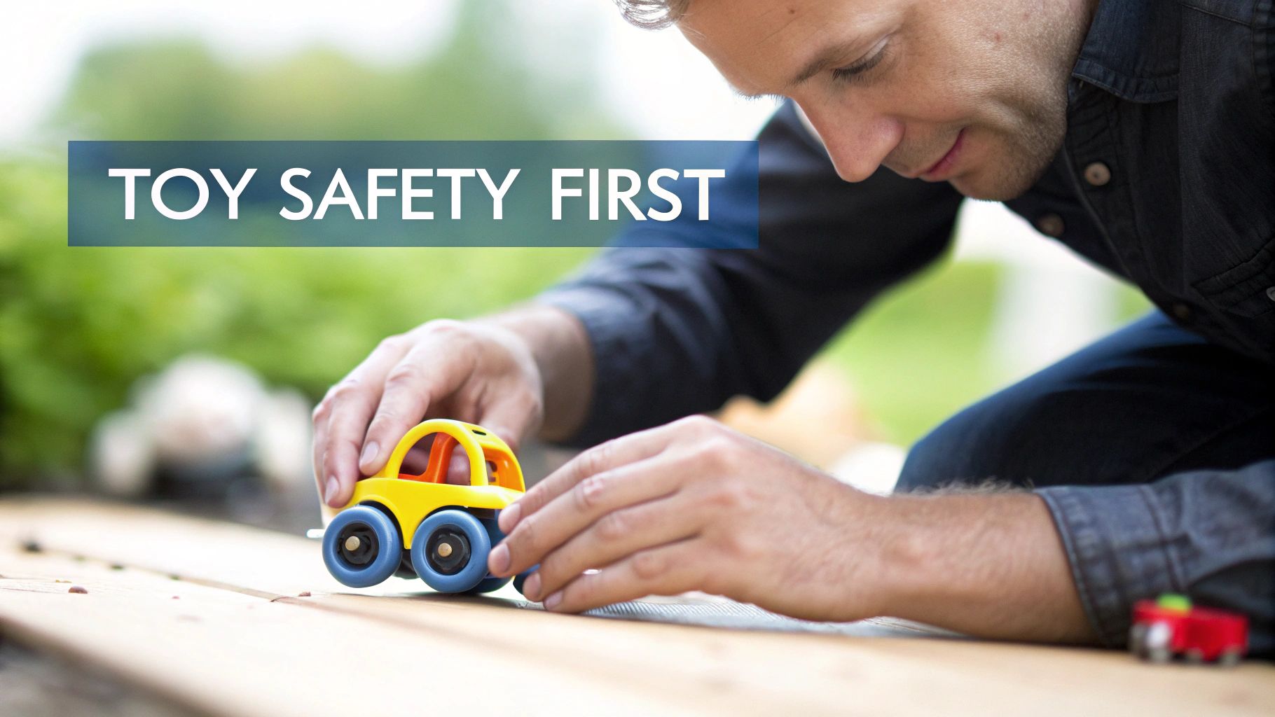 A man plays with a yellow toy car on a wooden surface, with a prominent text overlay stating 'Toy Safety First'.