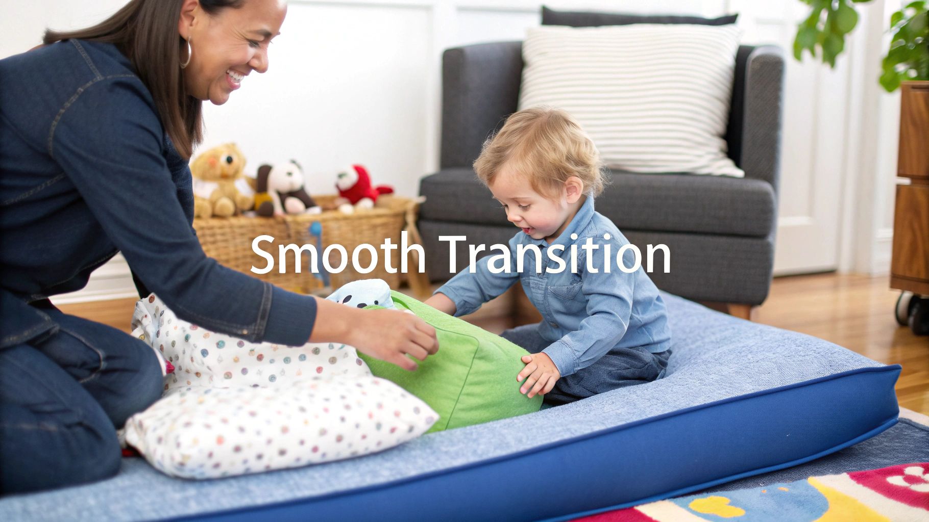 Happy mom and toddler playing together on a comfortable floor mattress with soft toys.