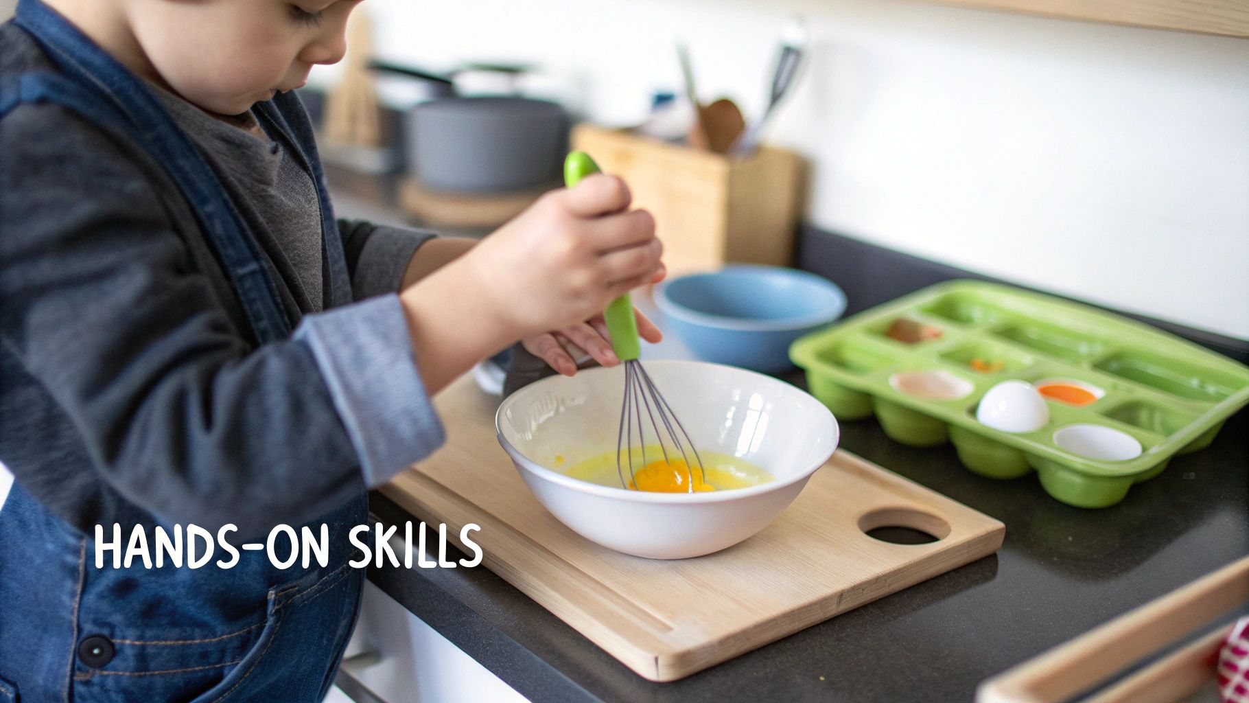 Child whisking eggs in white bowl on wooden cutting board developing hands-on cooking skills