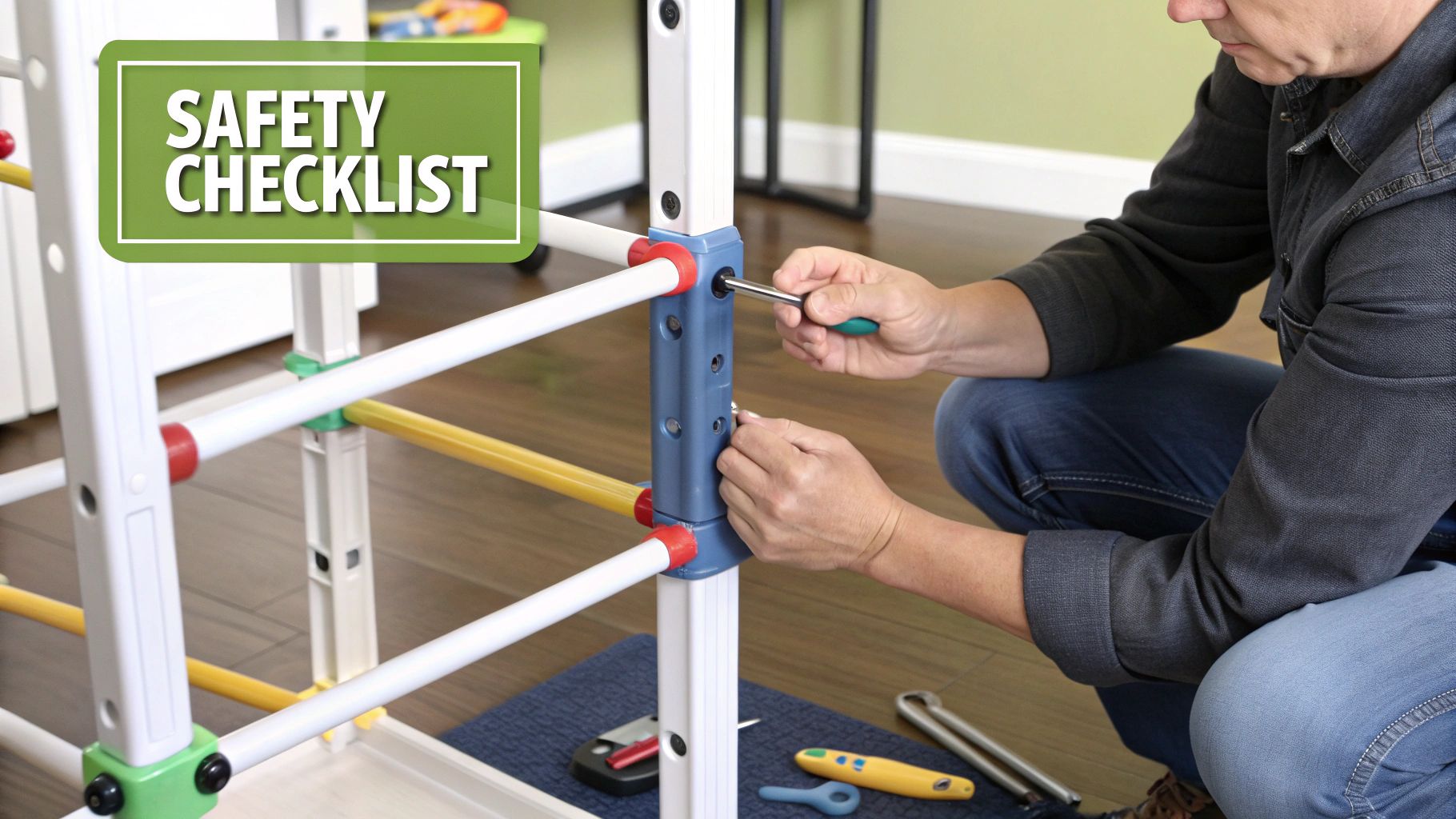 A person uses a screwdriver to assemble a colorful children's kitchen helper tower.