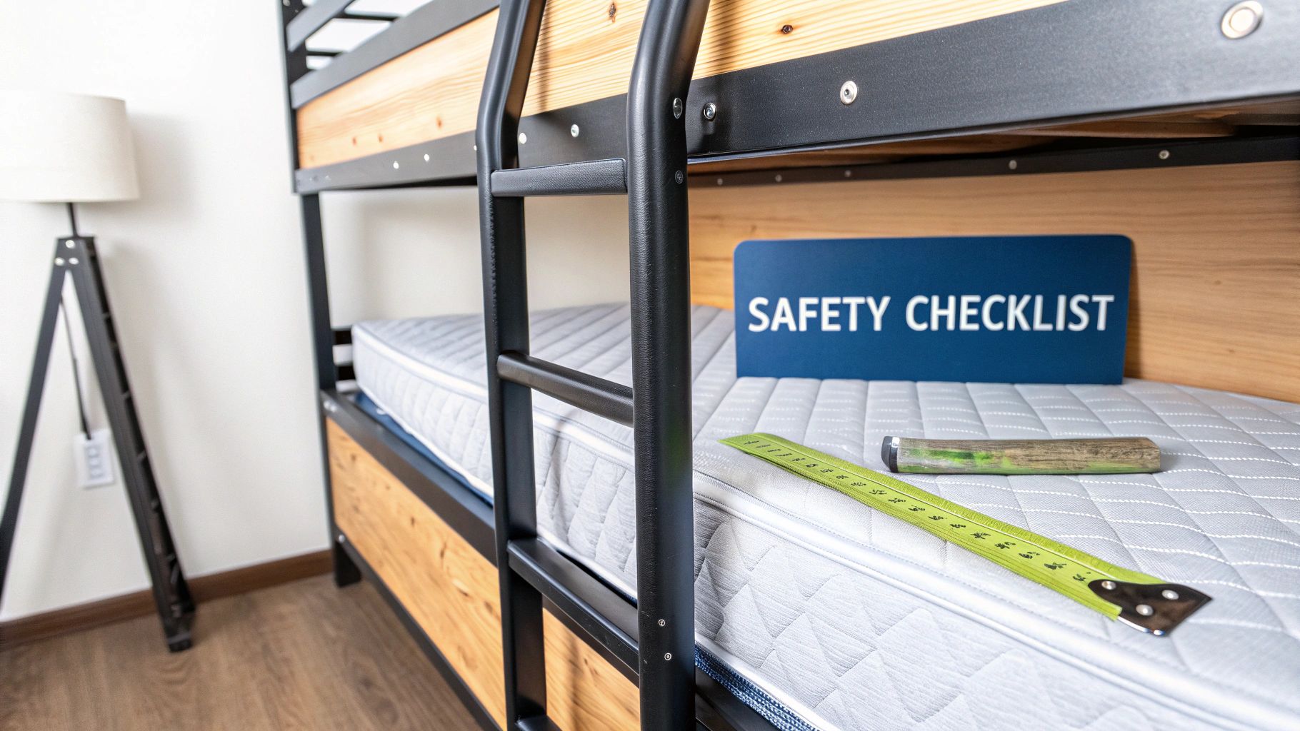 A bunk bed with mattresses, a black ladder, and a blue 'SAFETY CHECKLIST' sign.