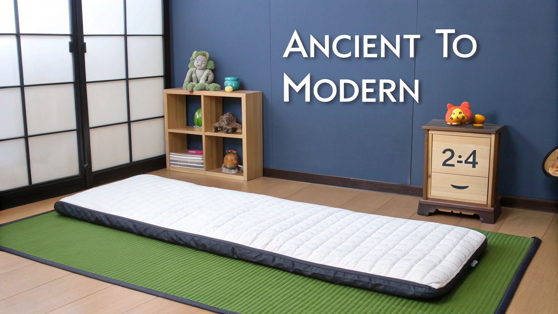 A white quilted thin floor mattress on a green tatami mat in a minimalist Japanese-style room with blue walls.