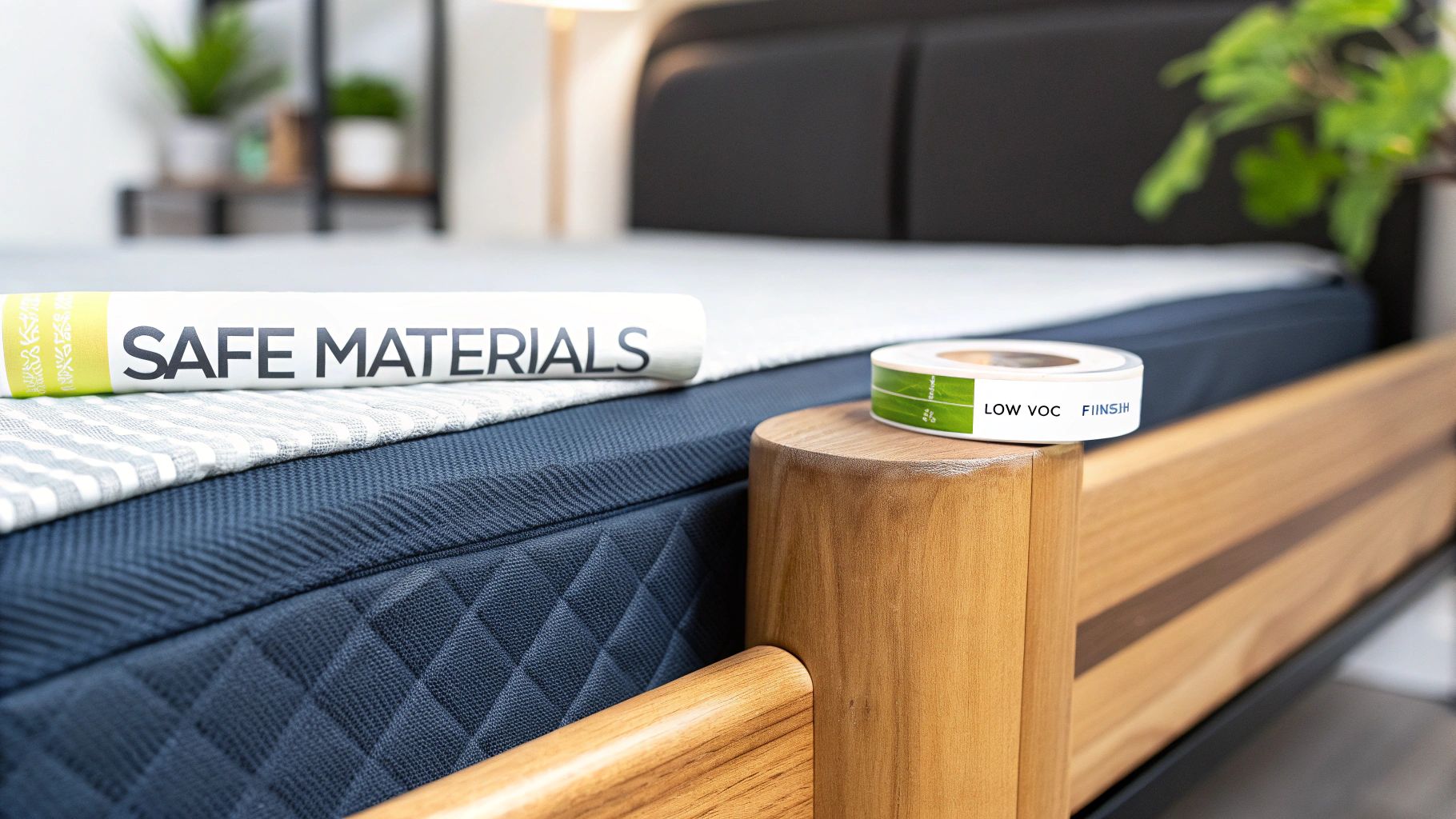 A bed with a wooden frame and mattress, featuring labels for safe materials and low VOC finish.
