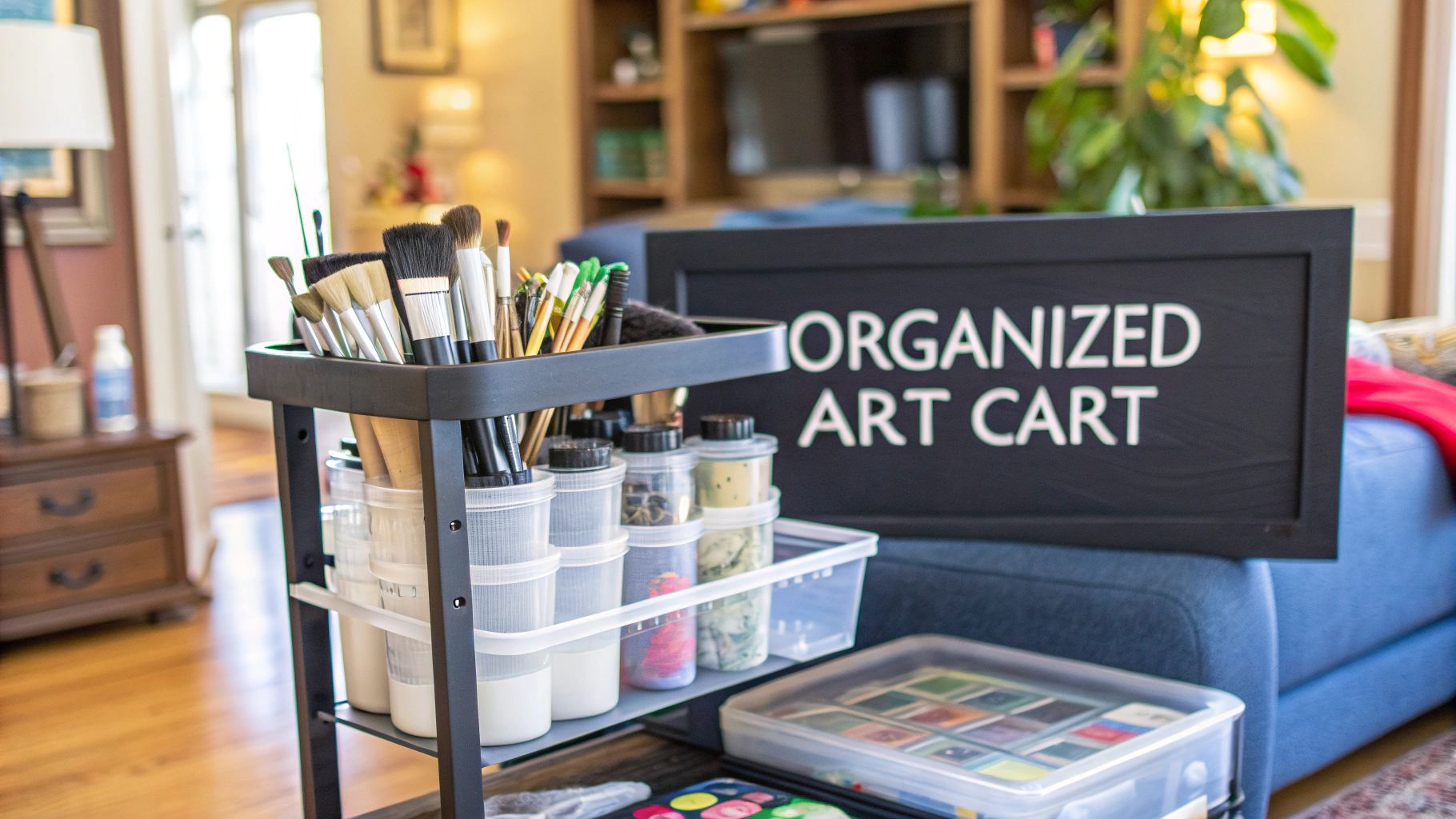 A neatly organized children's art cart with labeled bins and accessible supplies.
