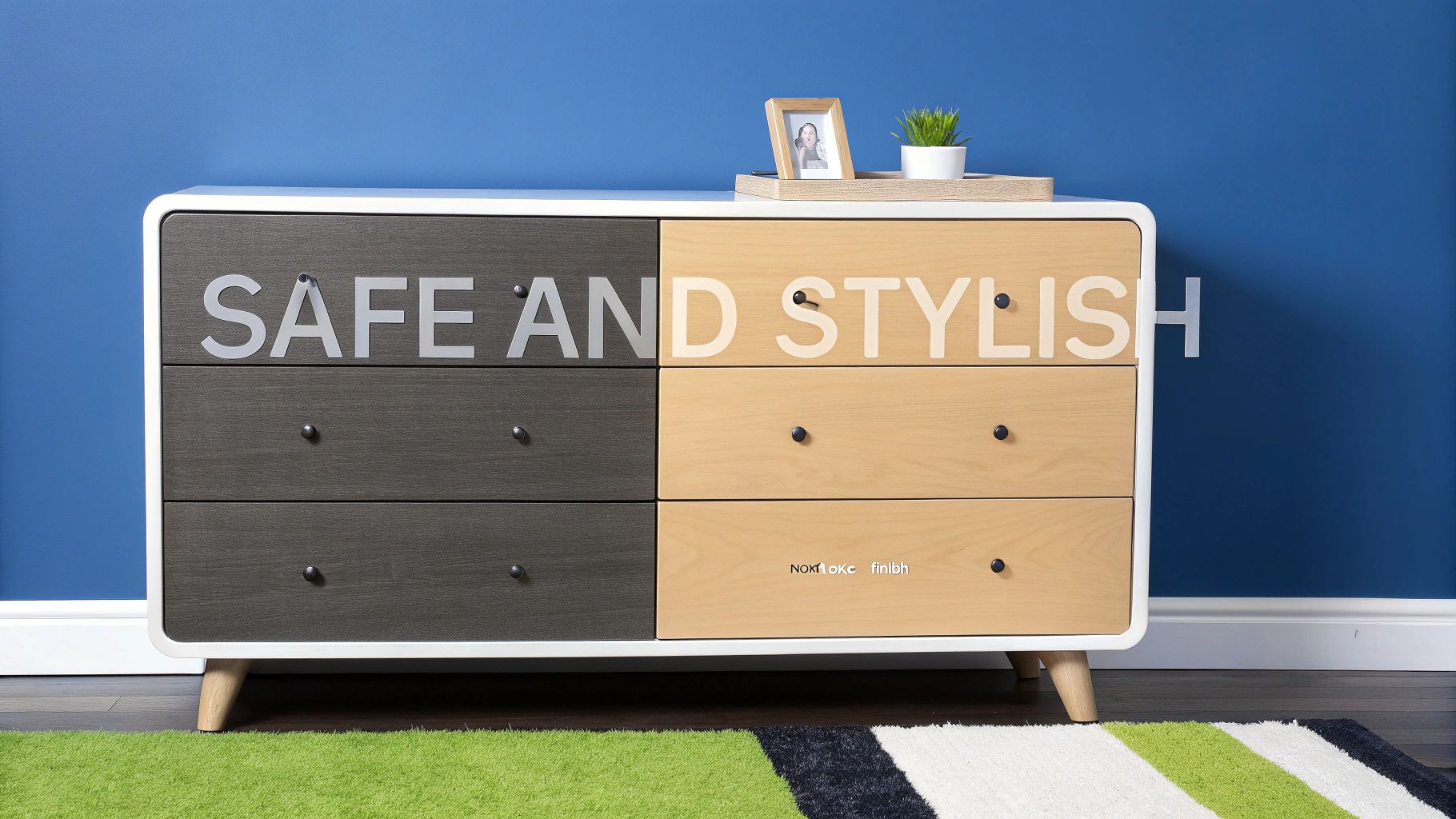 A parent adjusting a safety gate while their toddler plays safely in the background.