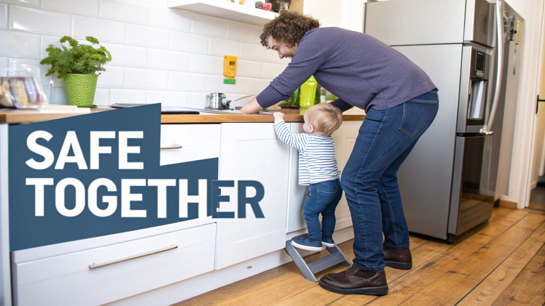 Parent supervising toddler safely using kitchen step stool to reach counter together