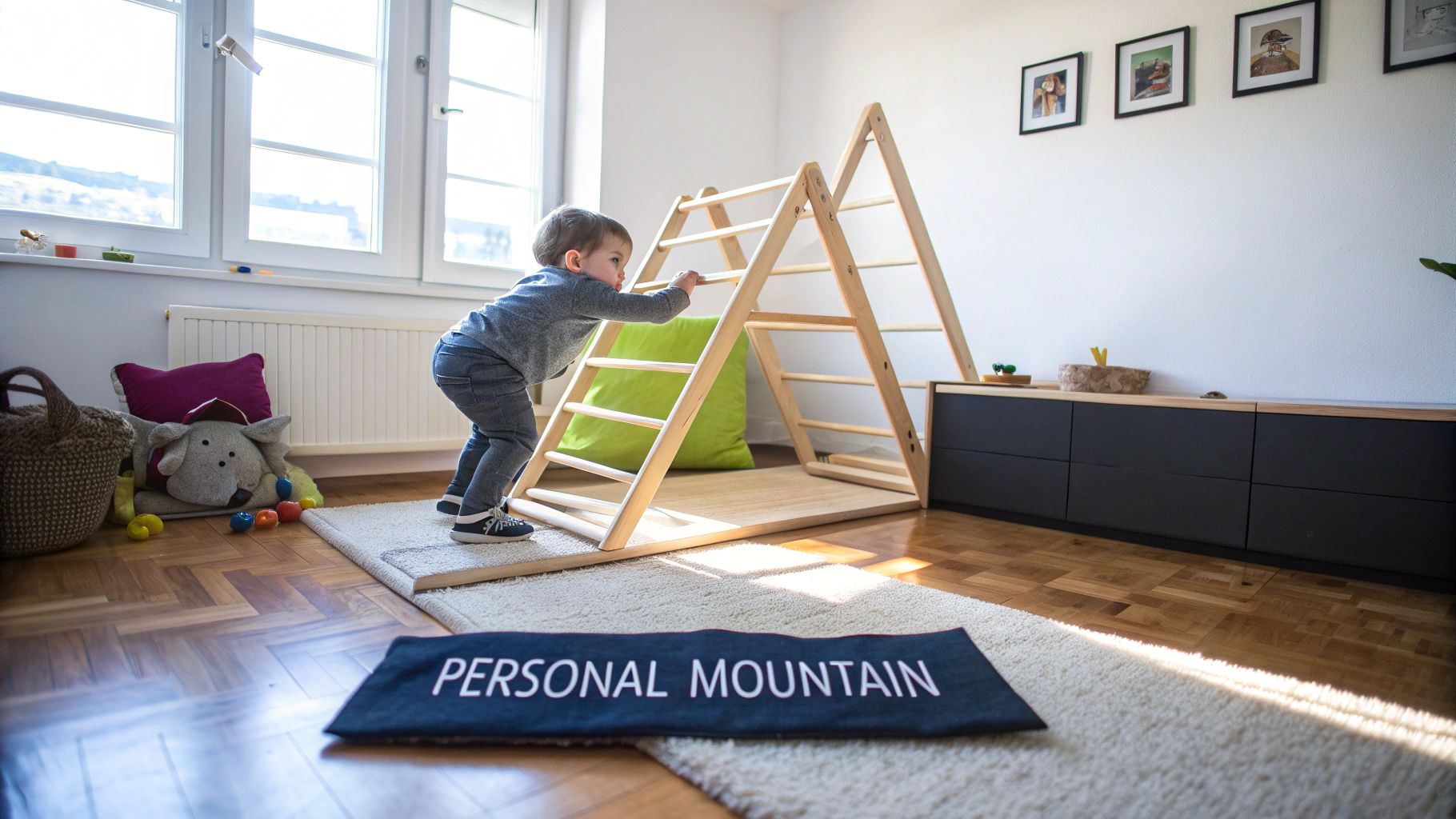A toddler climbs a wooden Montessori climbing triangle in a brightly lit playroom.