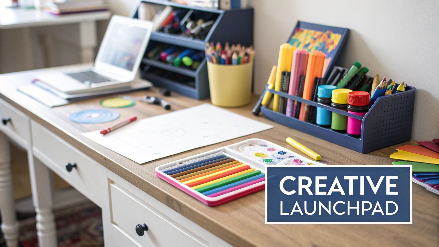 A child happily drawing at a well-organized wooden craft table with built-in paper roll and storage.