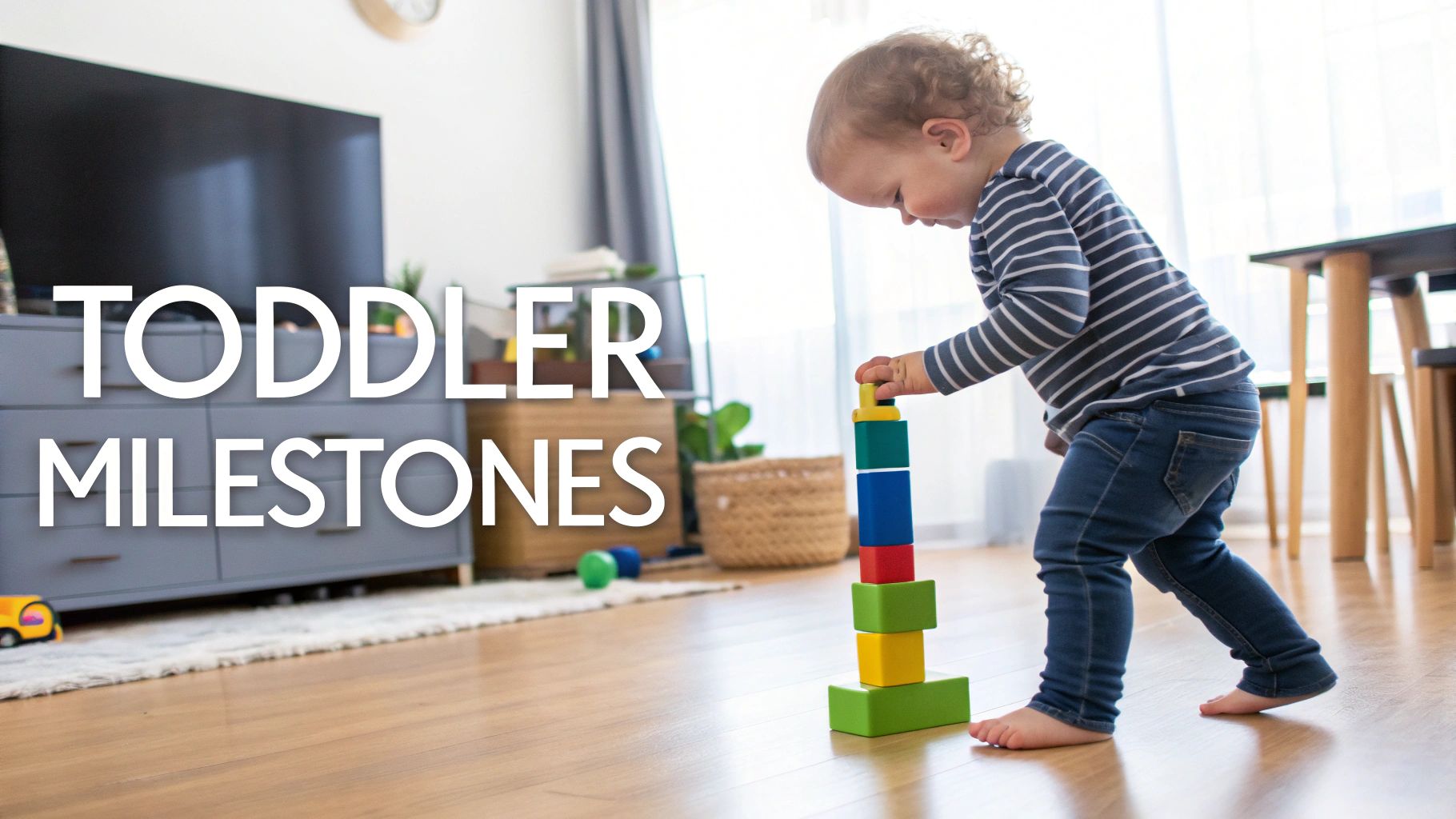 A toddler confidently stacking colorful wooden blocks on a rug.