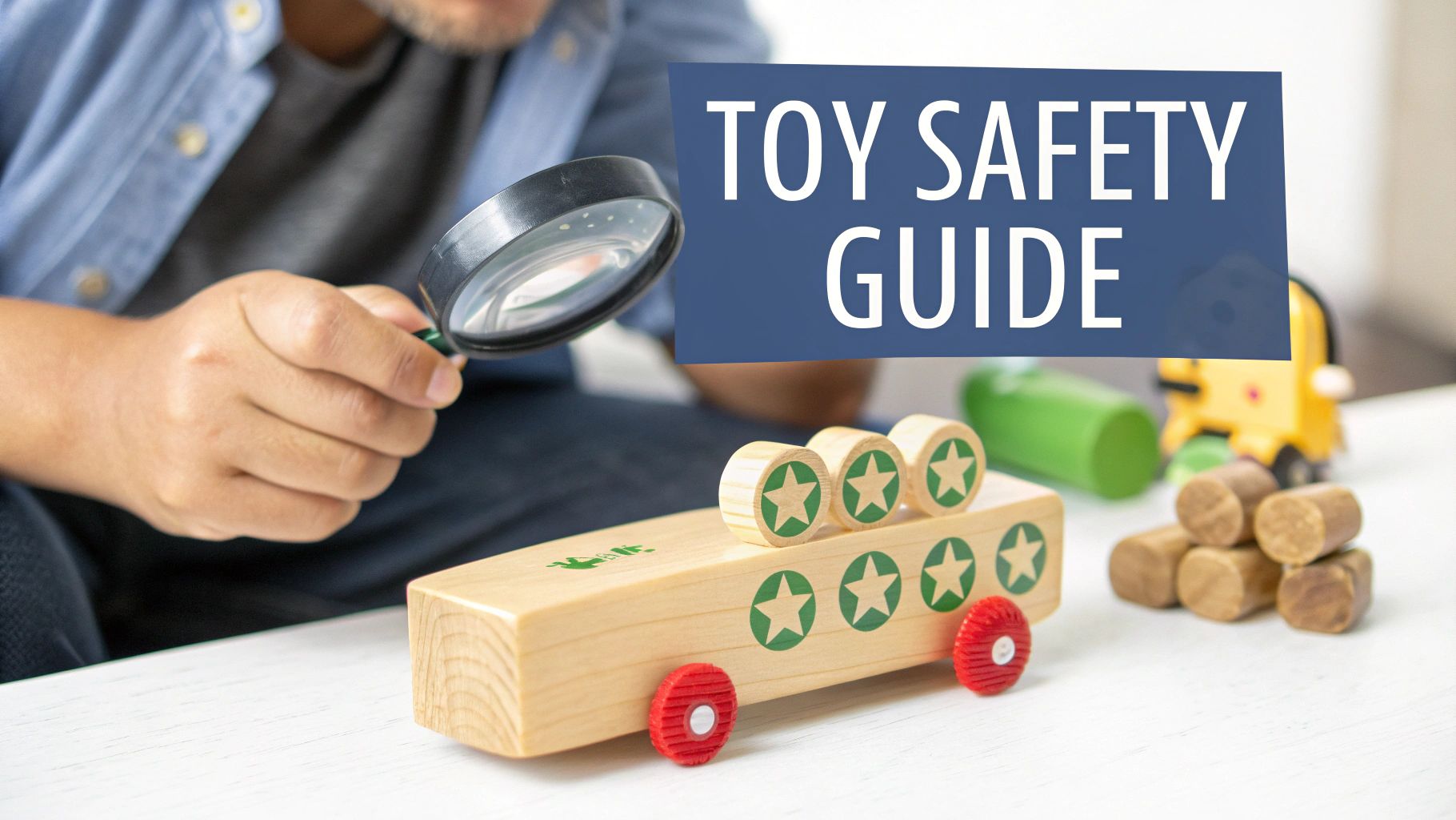 A person uses a magnifying glass to inspect a wooden toy bus, next to a 'Toy Safety Guide' banner.