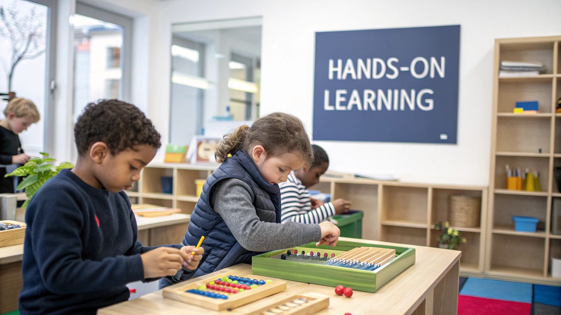 Three children in a bright classroom engaged in hands-on learning with educational materials.