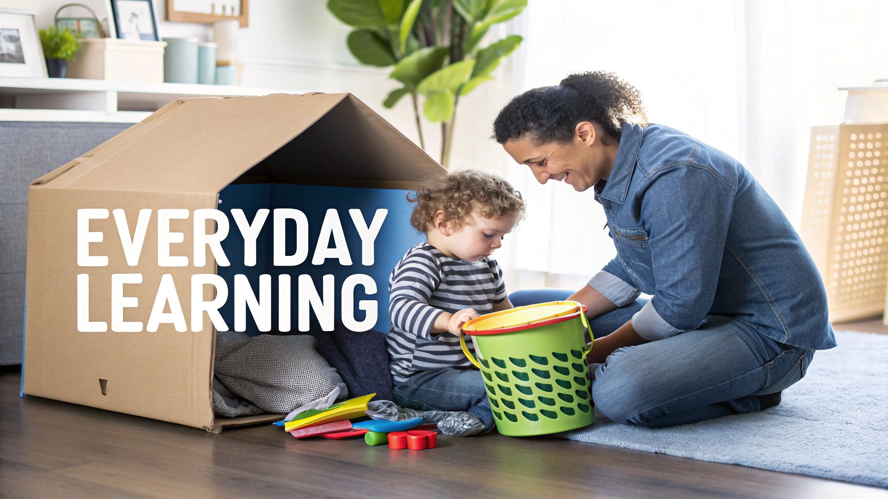 A toddler happily plays inside a large cardboard box, demonstrating imaginative play with a household item.