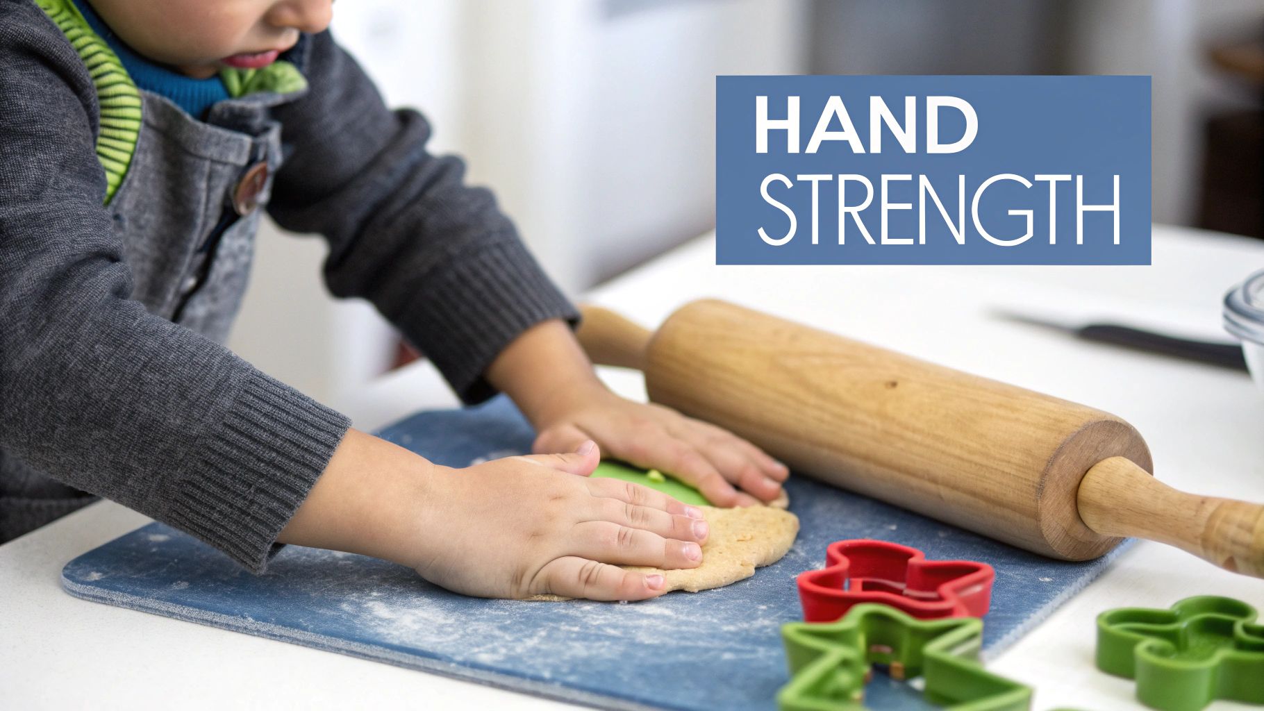 A child's hands press dough on a blue mat with a rolling pin, promoting hand strength.