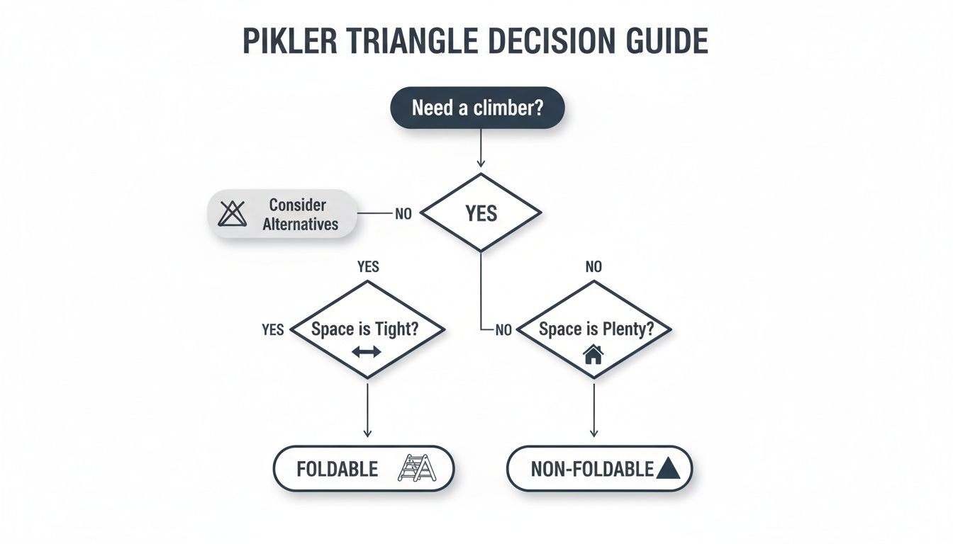 A decision guide flowchart for choosing between foldable and non-foldable Pikler triangles.