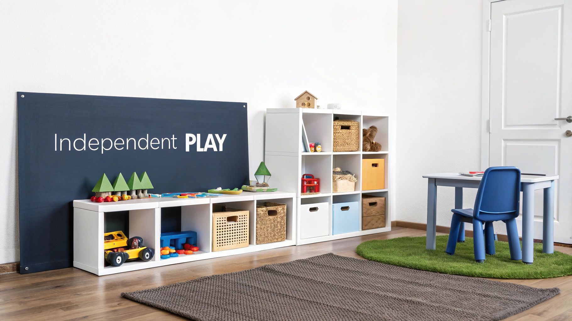 A child's room with a house-frame floor bed and low, accessible shelving for toys.