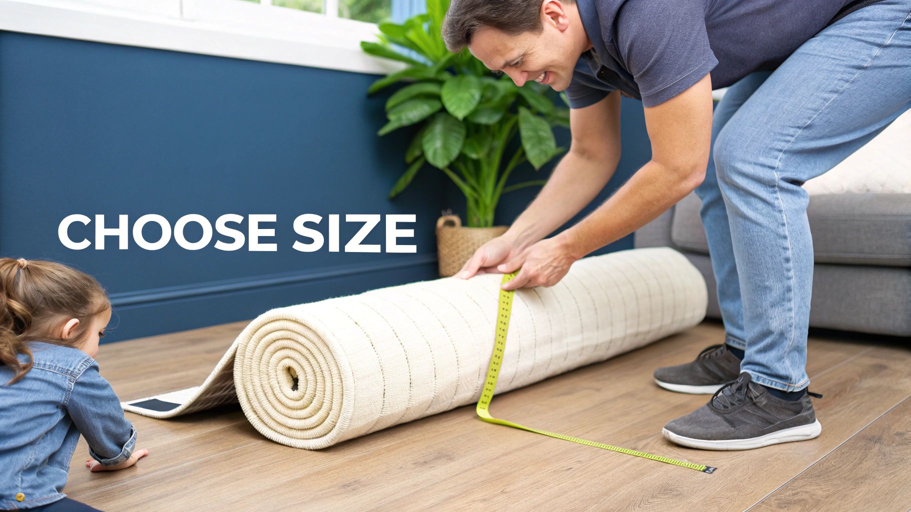 Smiling man measures a rolled mat with a tape measure on a wooden floor, with a child watching.