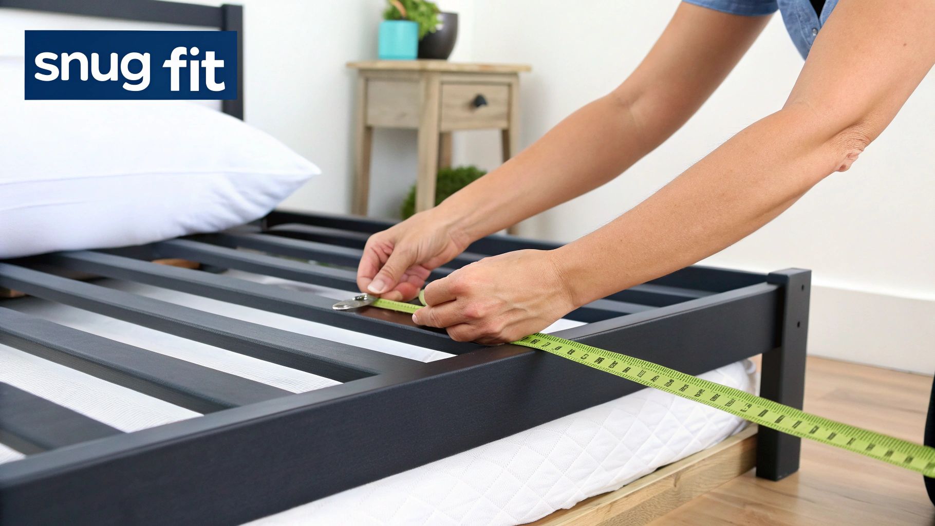 Hands carefully measure the inside of a dark grey bed frame with a green tape, ensuring a snug fit.