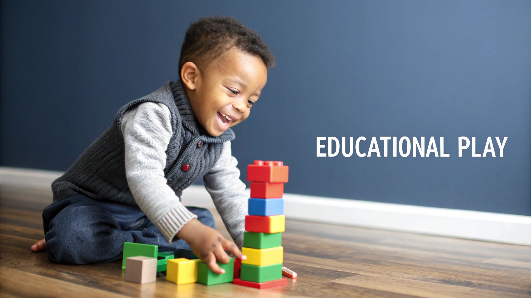 A one-year-old boy playing with colorful wooden stacking toys on the floor