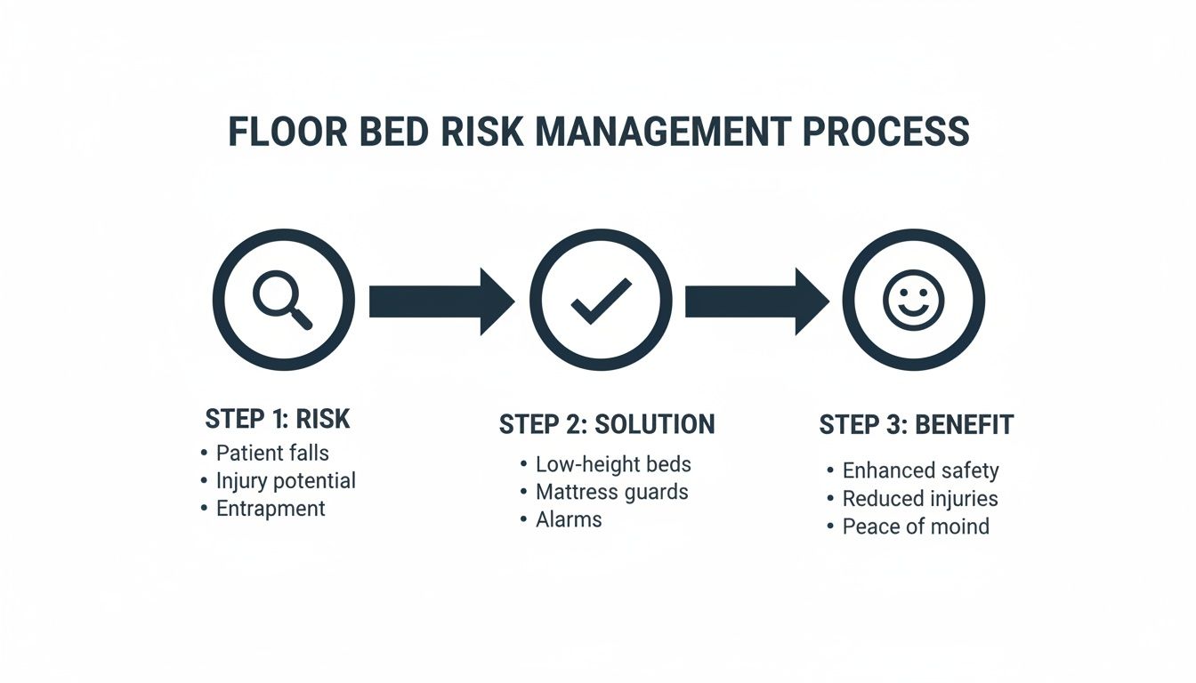 Flowchart detailing the floor bed risk management process, from identifying risks to achieving benefits.