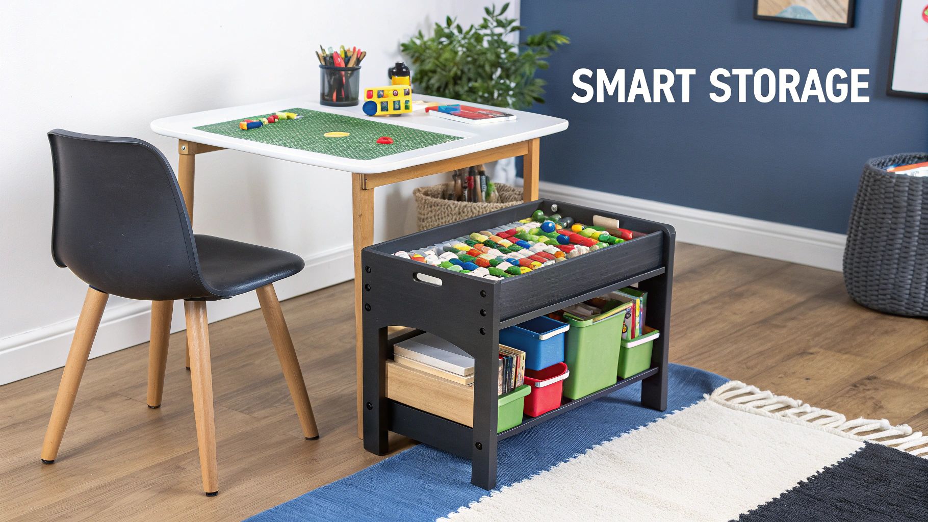 A stylish kids chair table set with built-in storage, blending into a modern living room.