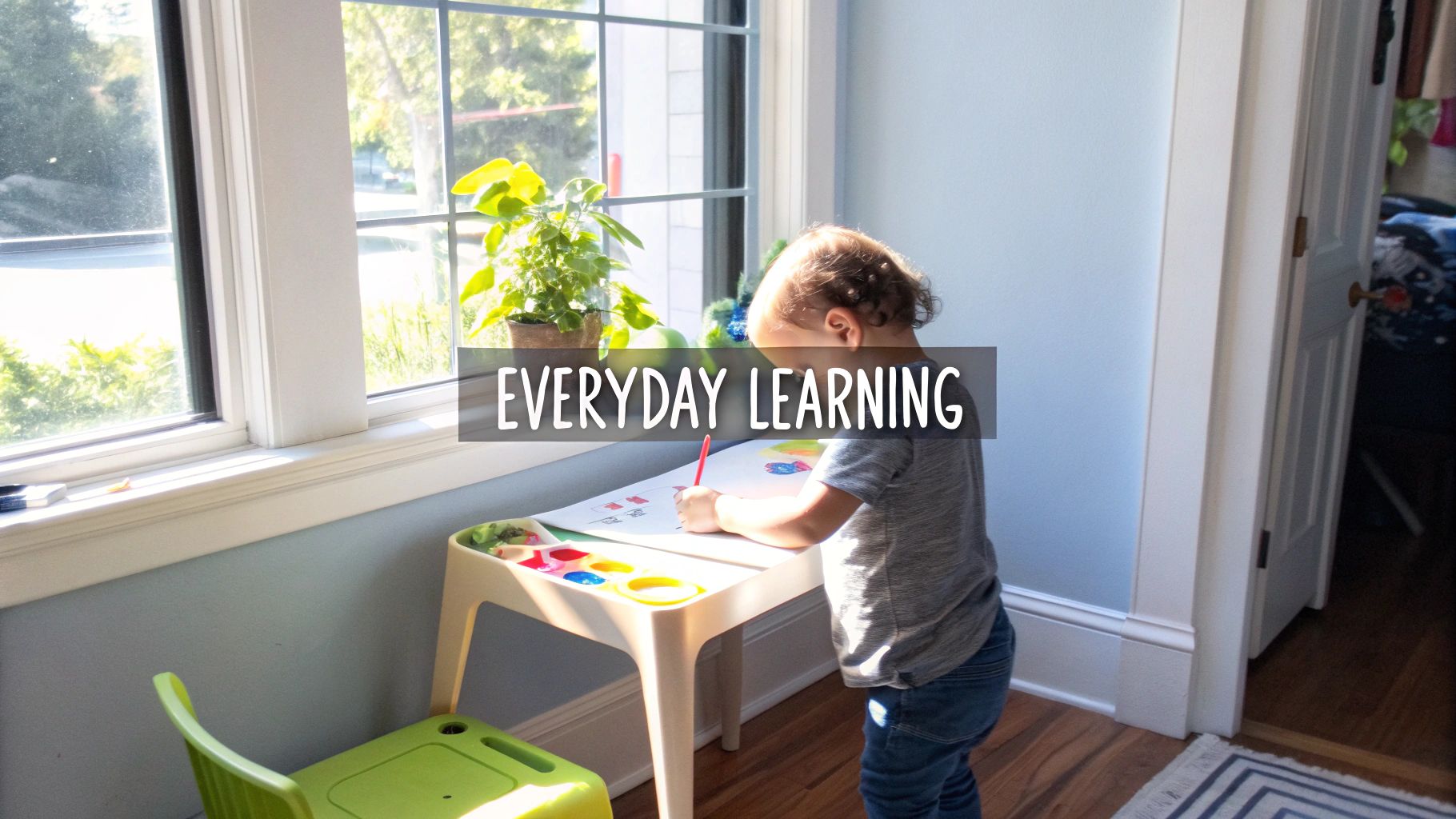 Young child painting with watercolors at white table near window with everyday learning text overlay