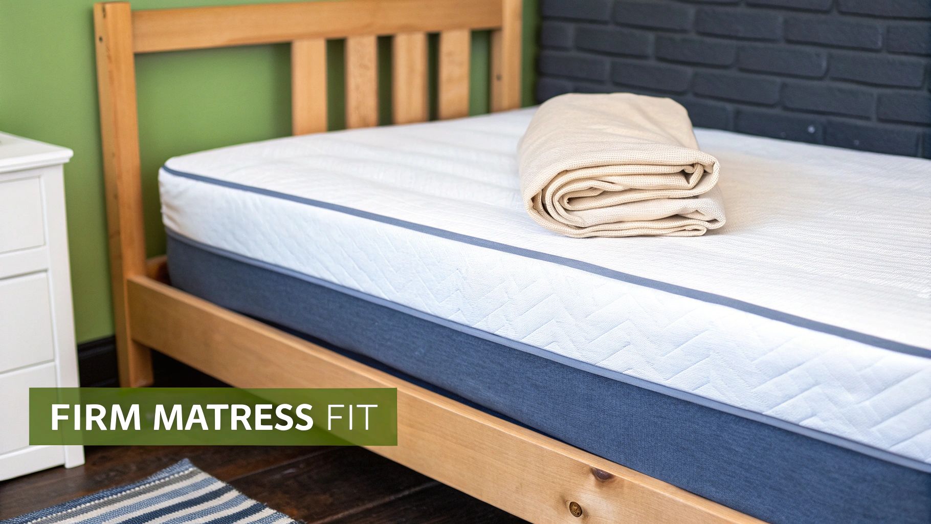 A close-up of a neatly made low toddler bed mattress with simple, breathable bedding