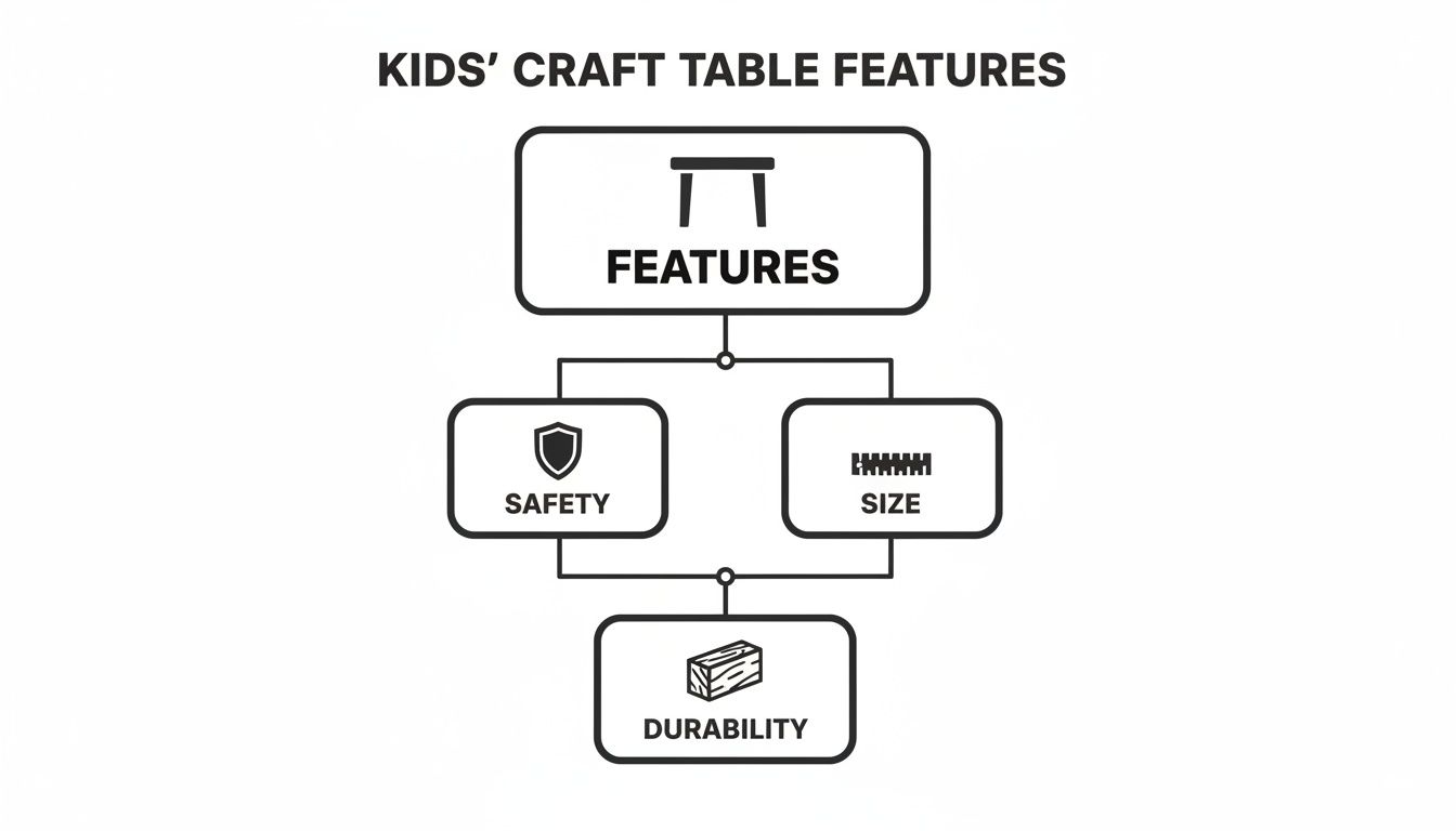Flowchart illustrating key features of a kids' craft table: safety, size, and durability.