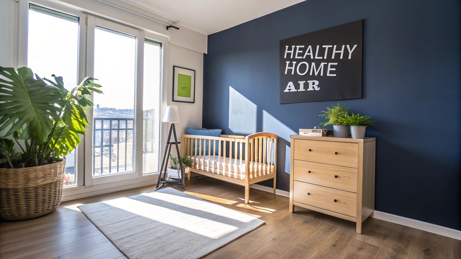 A modern nursery room with a wooden crib, dresser, and a large plant by a sunny balcony.
