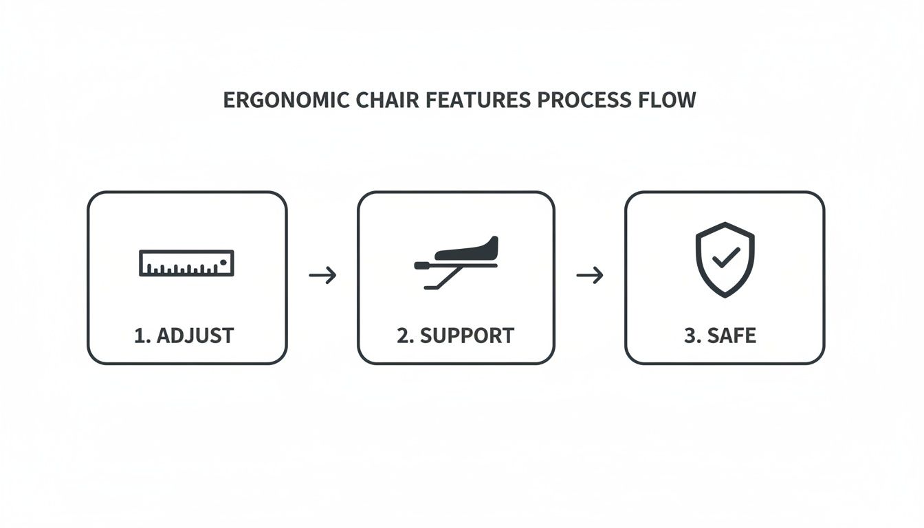 Process flow illustrating ergonomic chair features: adjustability, support, and safety.